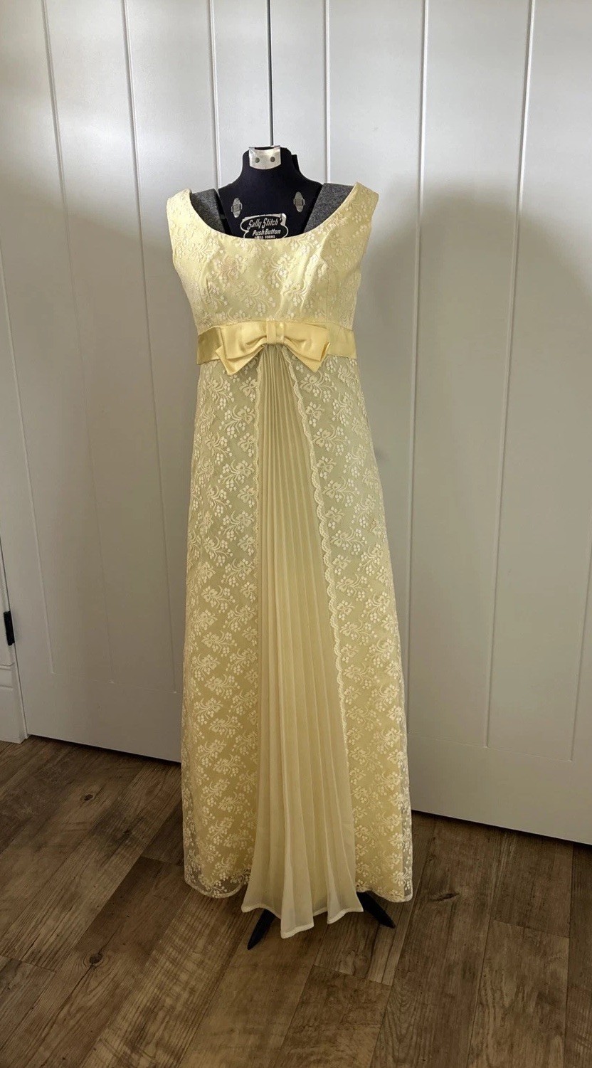 Vintage 1960’s Yellow Lace Empire Waist Maxi Dress Accordion Pleat Front