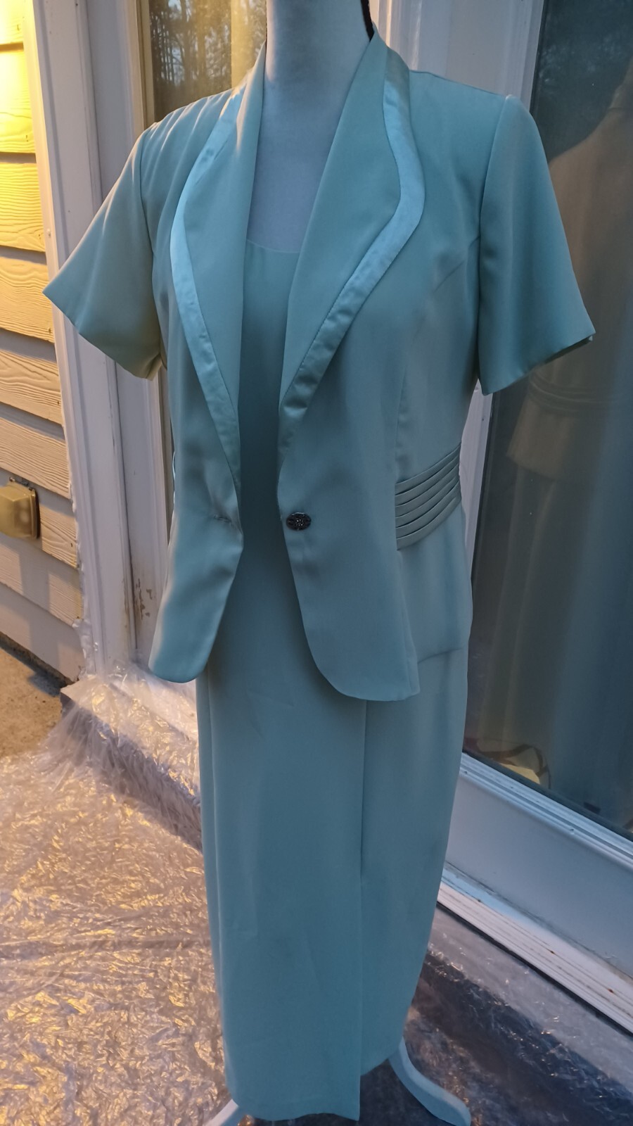 Mosaic Vtg 90&rsquo;s 2pc Jacket Dress Formal Column Militaria Detail Sage Green Sz 10