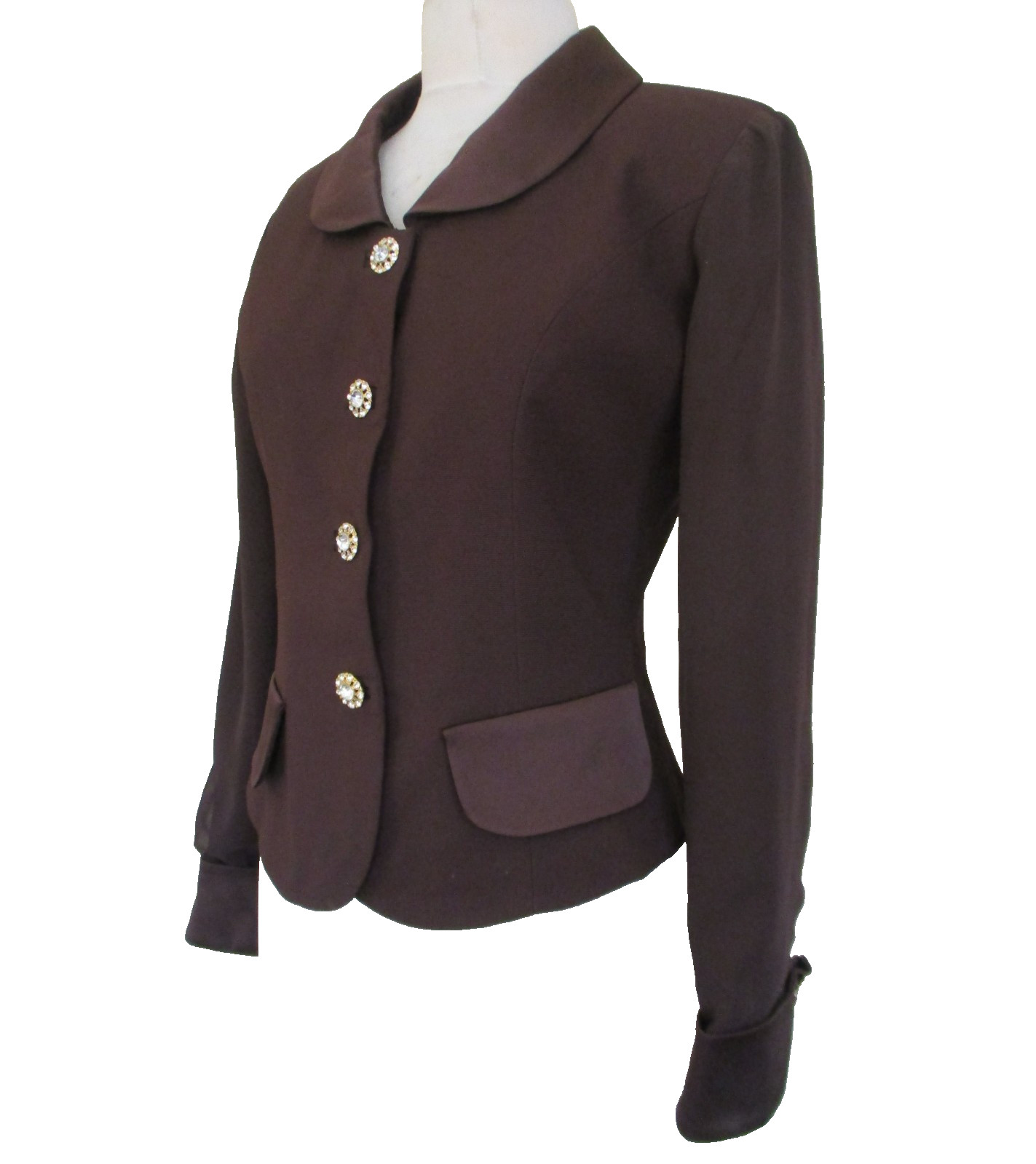 Vtg Heiser-Egan Evening Jacket M Women Brown Faille Satin Trim Crystal Buttons