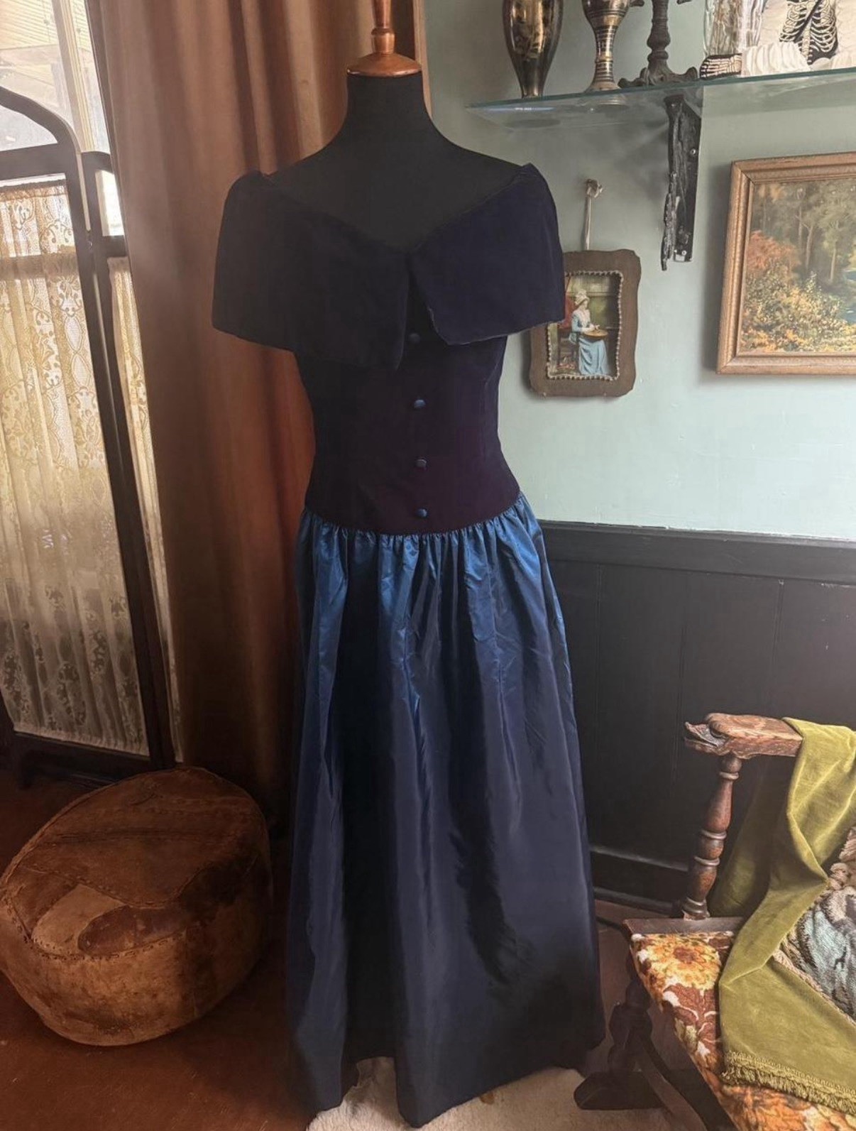Vtg Alfred Angelo Blue Off Shoulder Formal Dress Sz 8 Excellent Condition