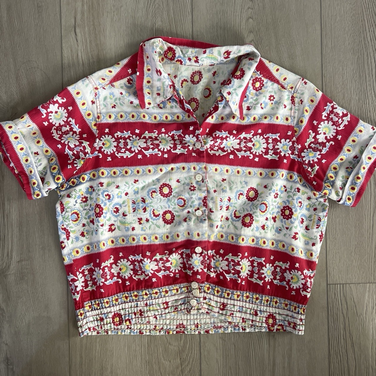 Vtg 30/40s Cotton Novelty Button Down Shirt Collared Smocked Waist MOP Buttons M