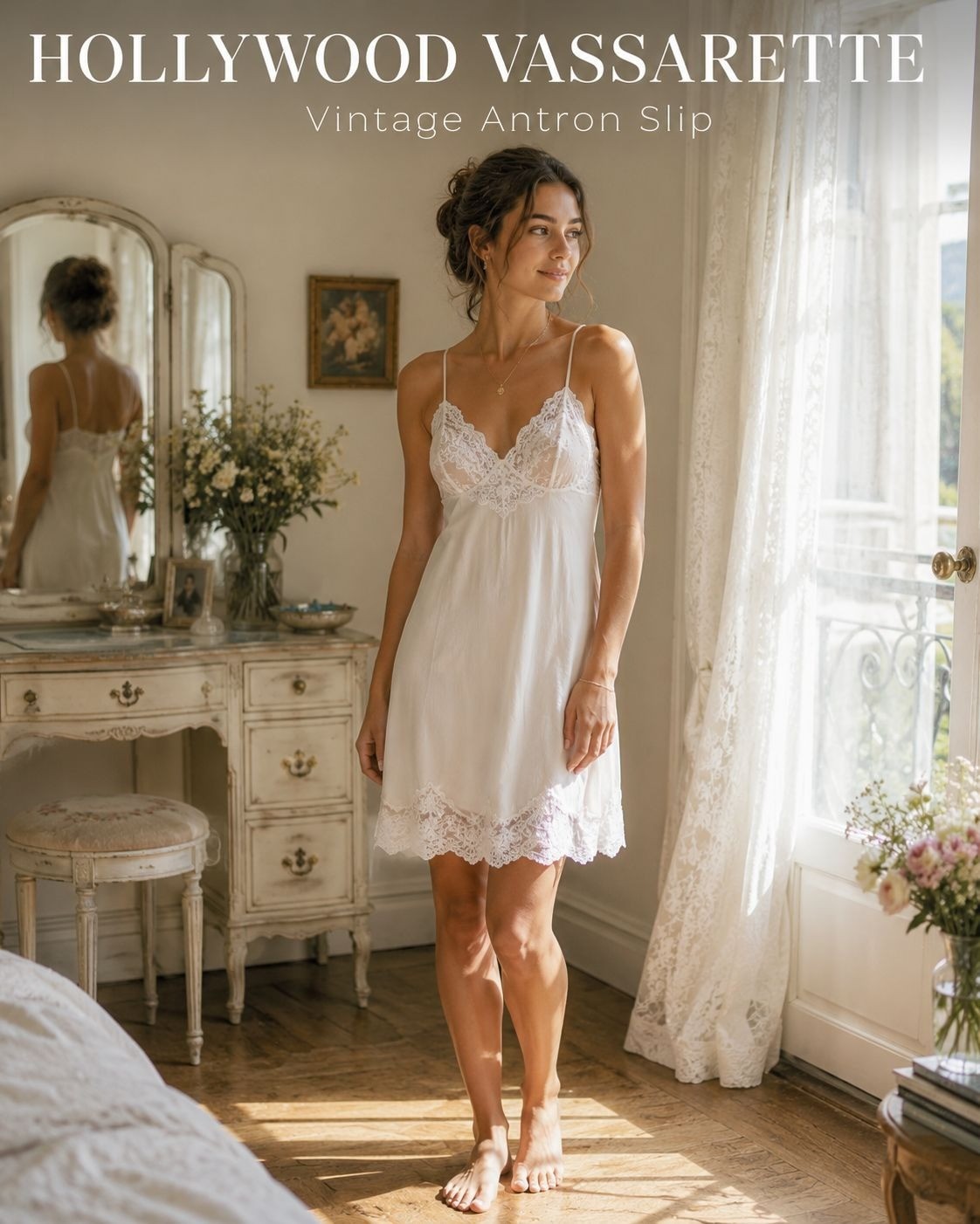 VTG 70s Hollywood Vassarette Ivory Lace Trim Full Slip Dress 36 (M)