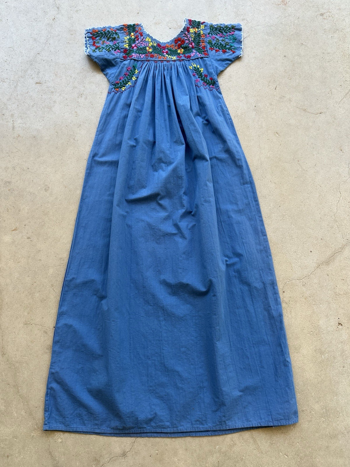1970s Blue Cotton Oaxacan Mexican Huipil Dress Embroidered Floral Maxi Sz S VTG