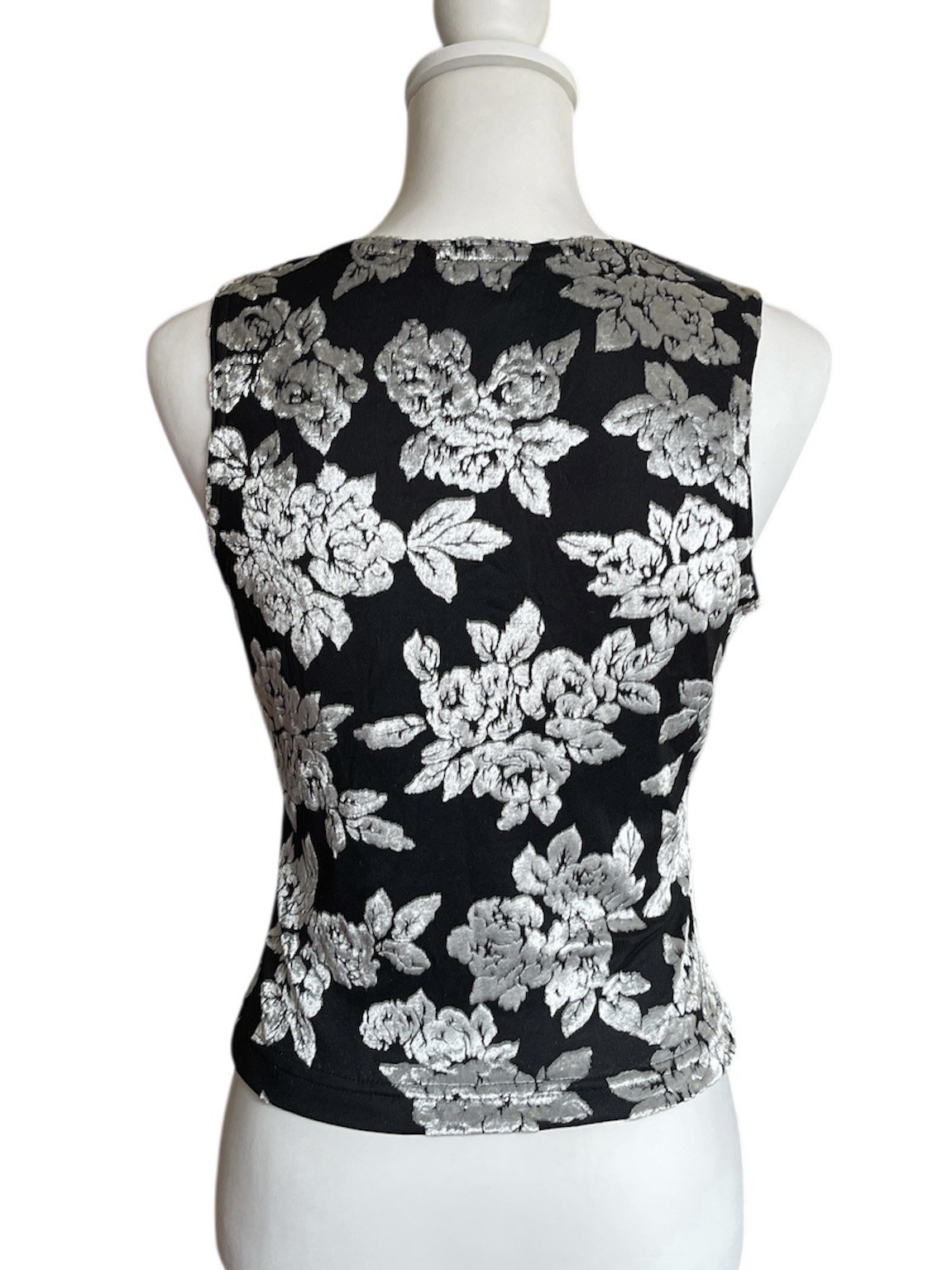 90s Always Evolution Metallic Silver & Black Floral Sleeveless Blouse Y2K Top