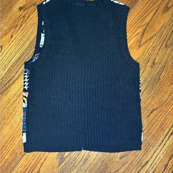 Erika Vintage Mixed Pattern Knit Sweater Vest Ramie Cotton Blend Small Black