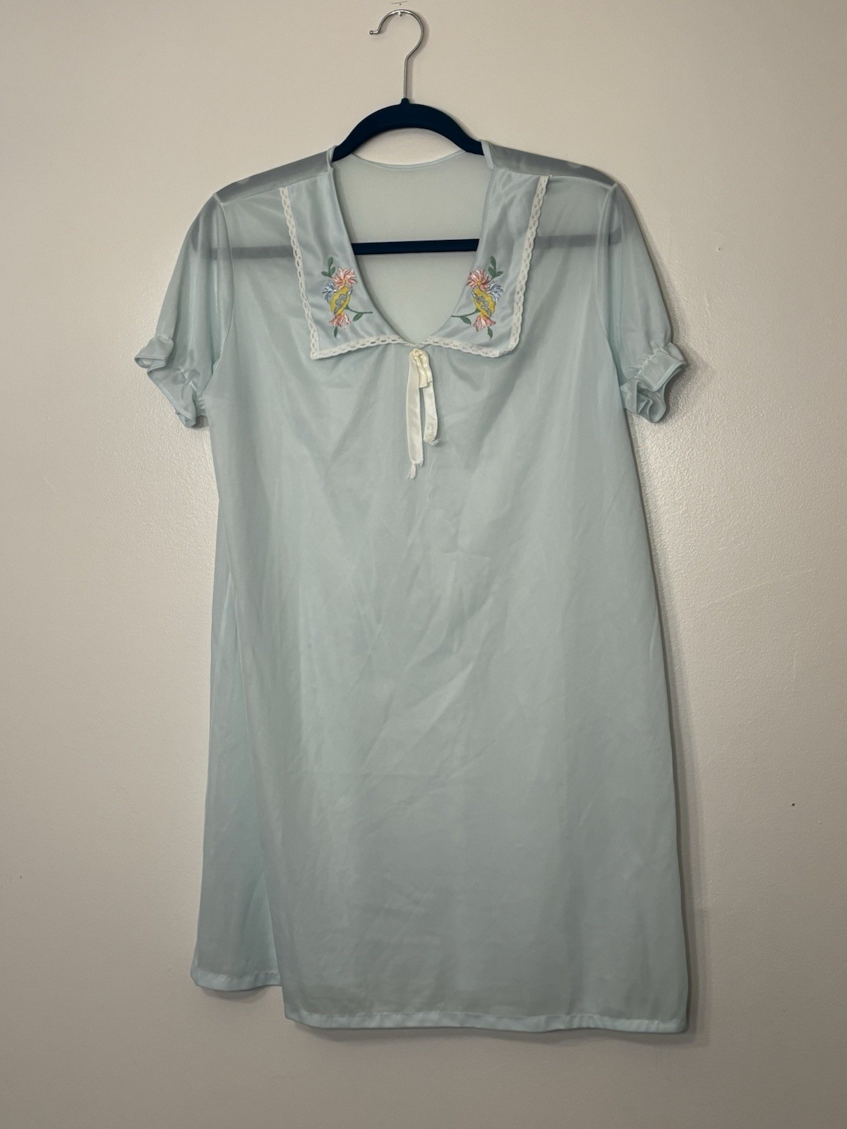 Vintage Mid Century Sheer Baby Blue Nylon Babydoll Nightgown With Embroidery