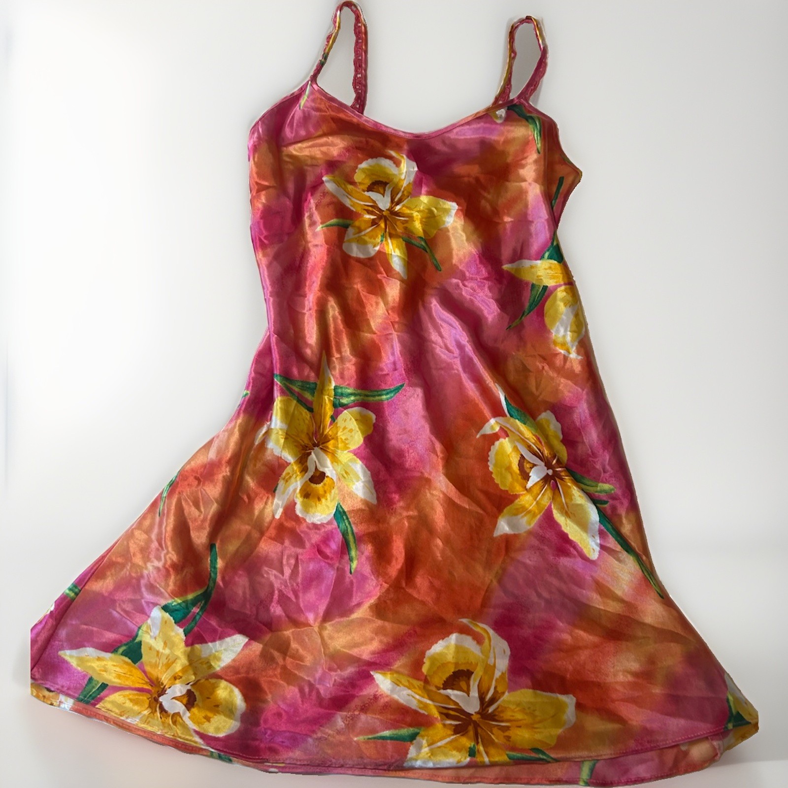 Vintage slip dress vibrant pink and orange floral print on silky satin fabric.