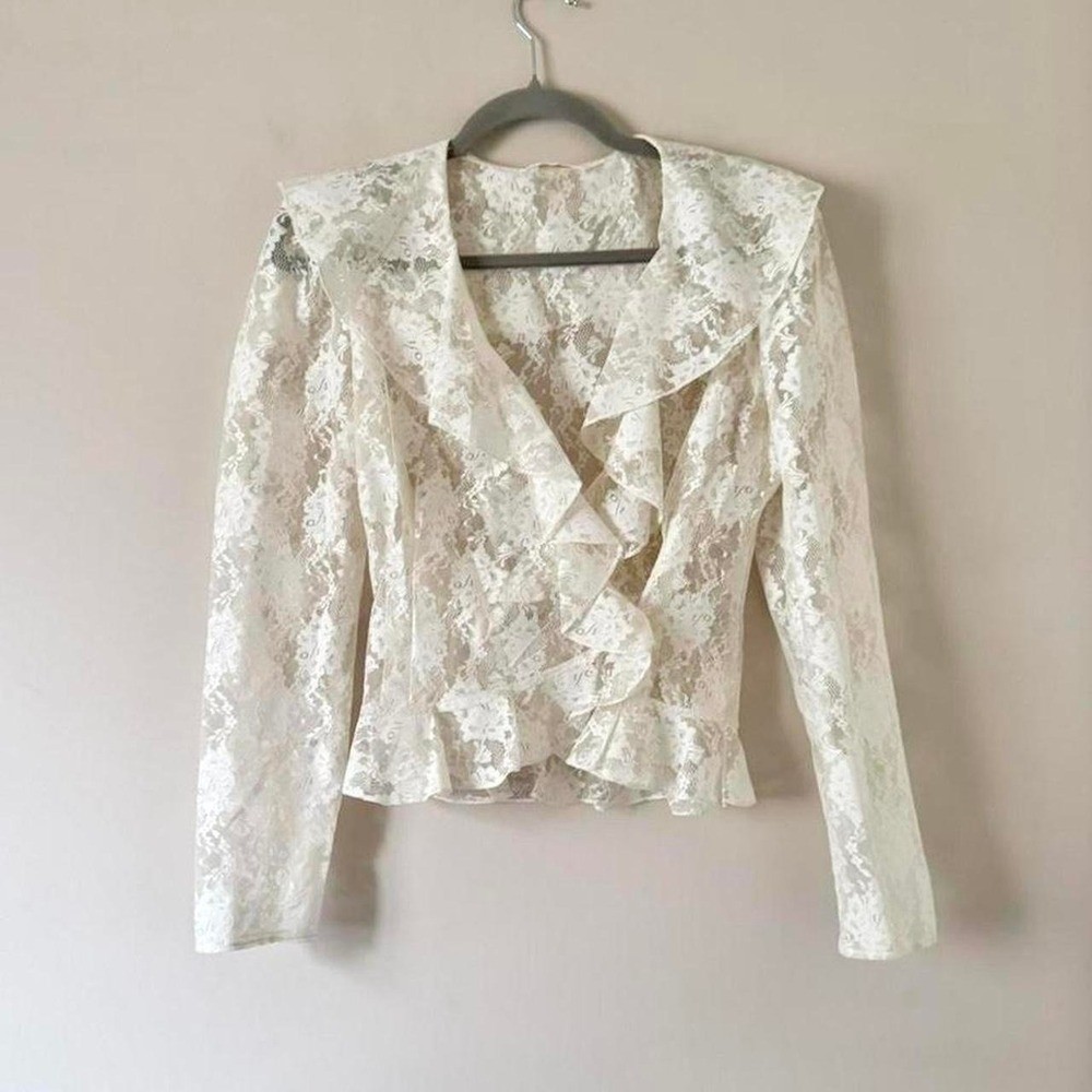 Vintage white lace blouse small ruffle sheer wrap peplum union long sleeve