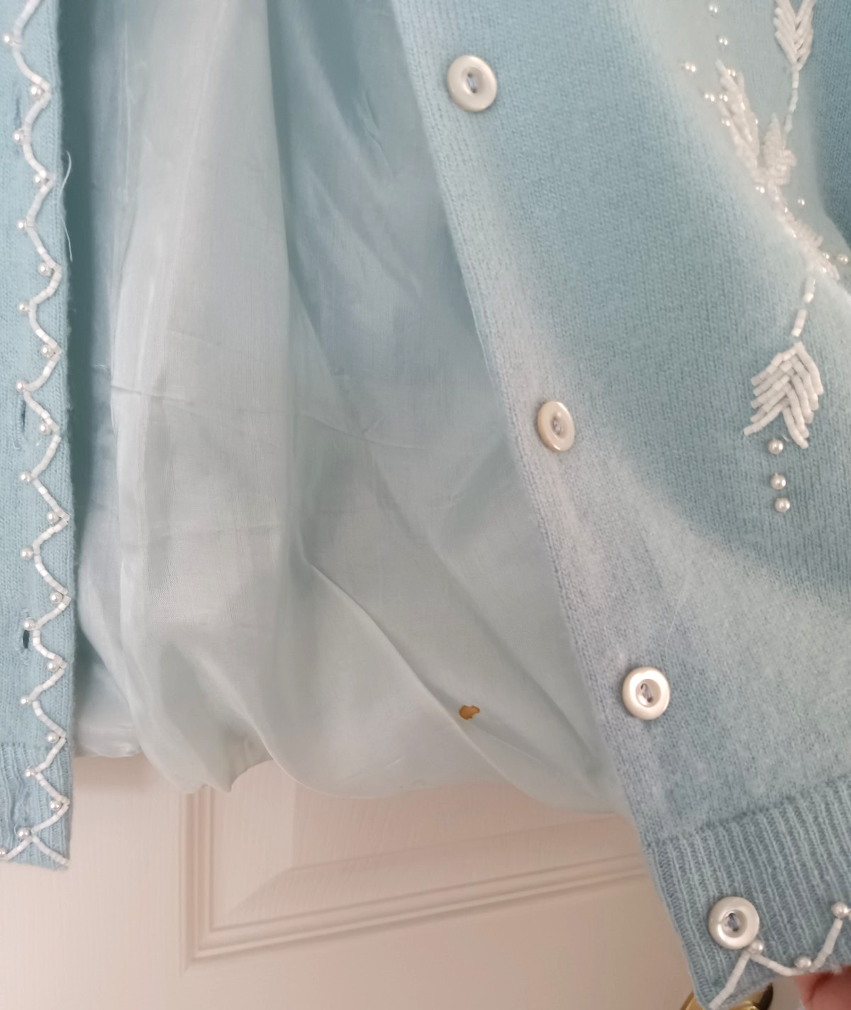 Vintage Moores Cashmere Cardigan Beaded Embroidered Powder Blue Pearl Trim Sweat