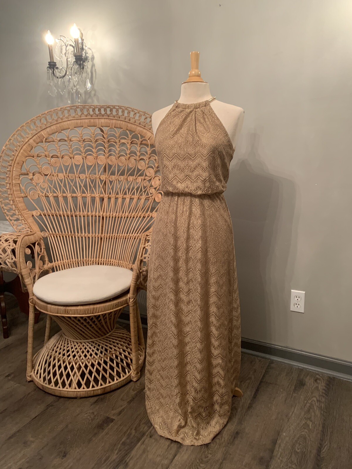 Vintage Gold Metallic Gown Dress Halter Bisou Bisou Michele Bohbot Size 2