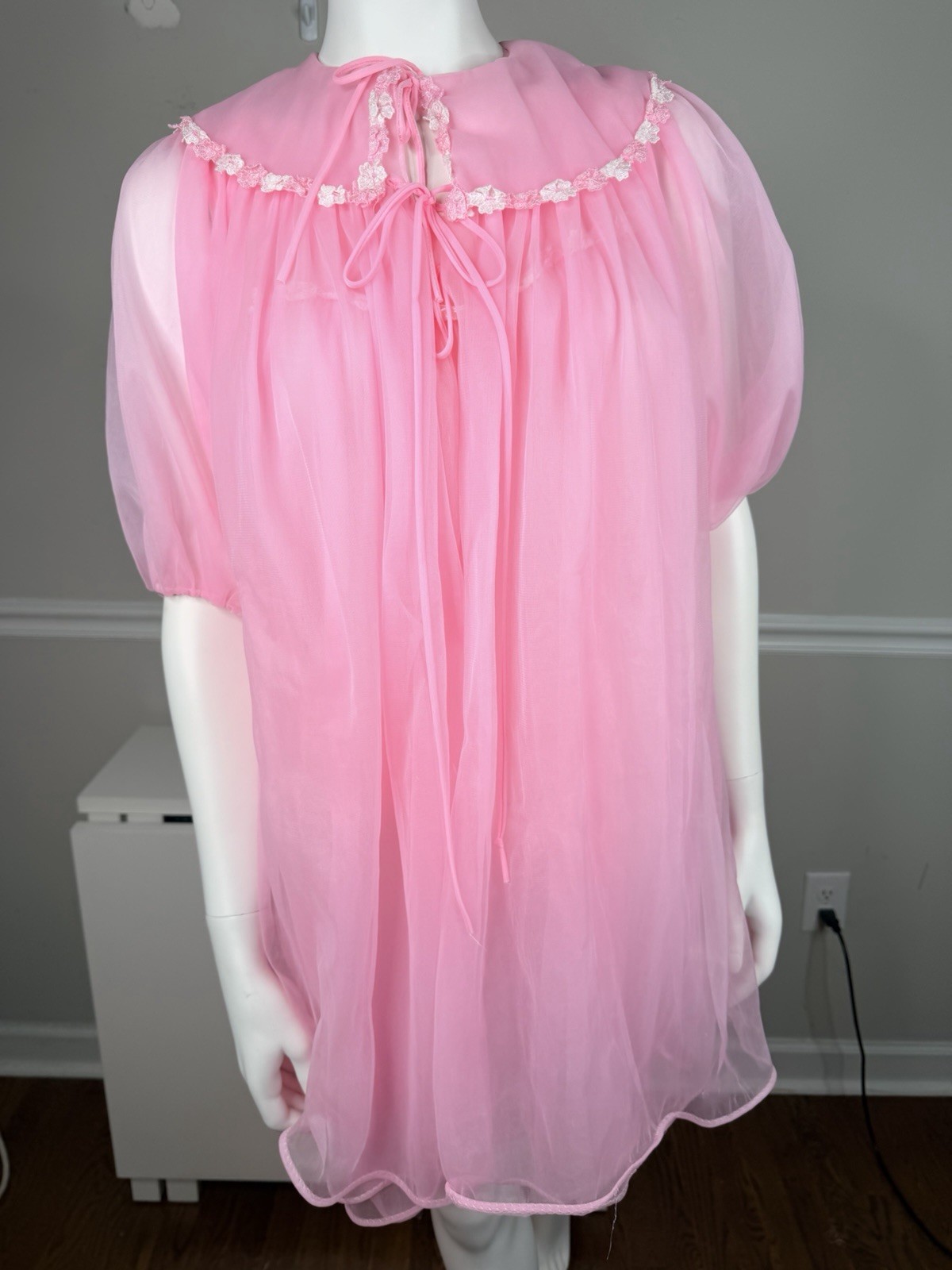 Vintage 60s pink Chiffon Peignoir set layered Babydoll Bow Nightgown robe M