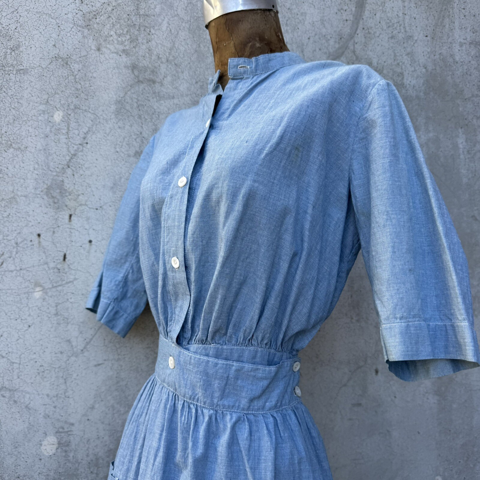 Antique Edwardian Blue Chambray Cotton Dress Workwear Prairie Maxi Vintage