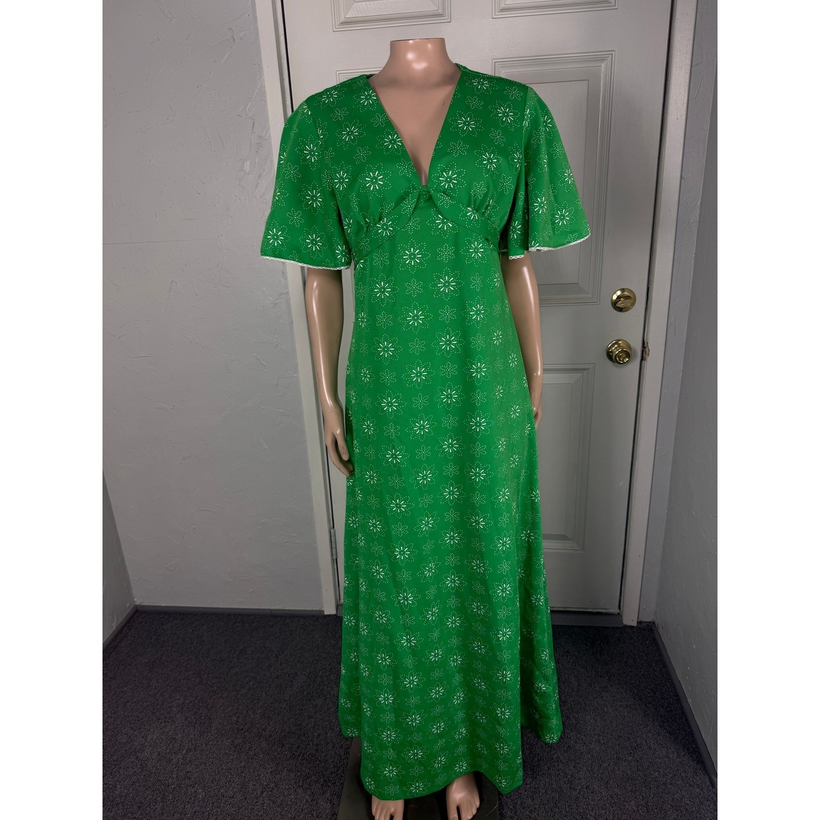Vintage 70&rsquo;s Hippie Dress Maxi Party Floral polyester Knit Long Boho Hippy QQ13
