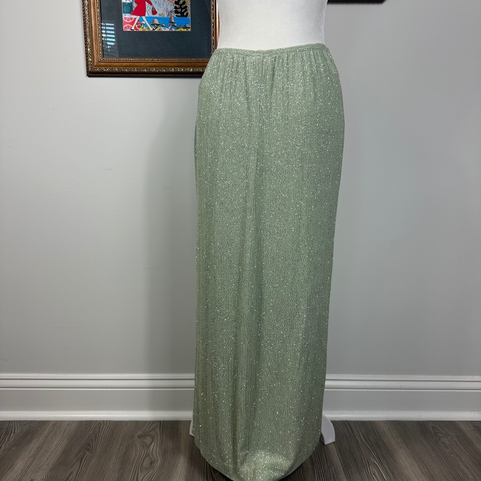 Vintage Mint Metallic Maxi Skirt – SIZE 12P Jeffrey & Dara Evenings Party