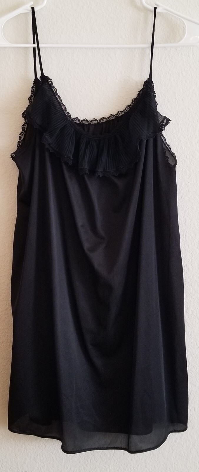 Sears 1980s Nightie Slip Black Ruffled Trim Lingerie Nightgown Medium 12-14 VTG