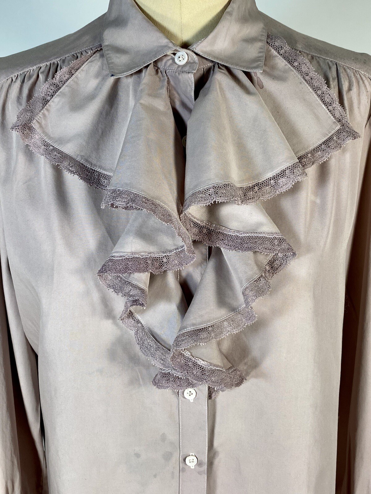 Vintage 1980&rsquo;s REGENCY style distressed over-dyed Lilac purple ruffle blouse Med