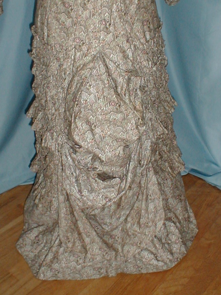 Charming Antique Bustle Dress Victorian 1880 Beige Printed Cotton