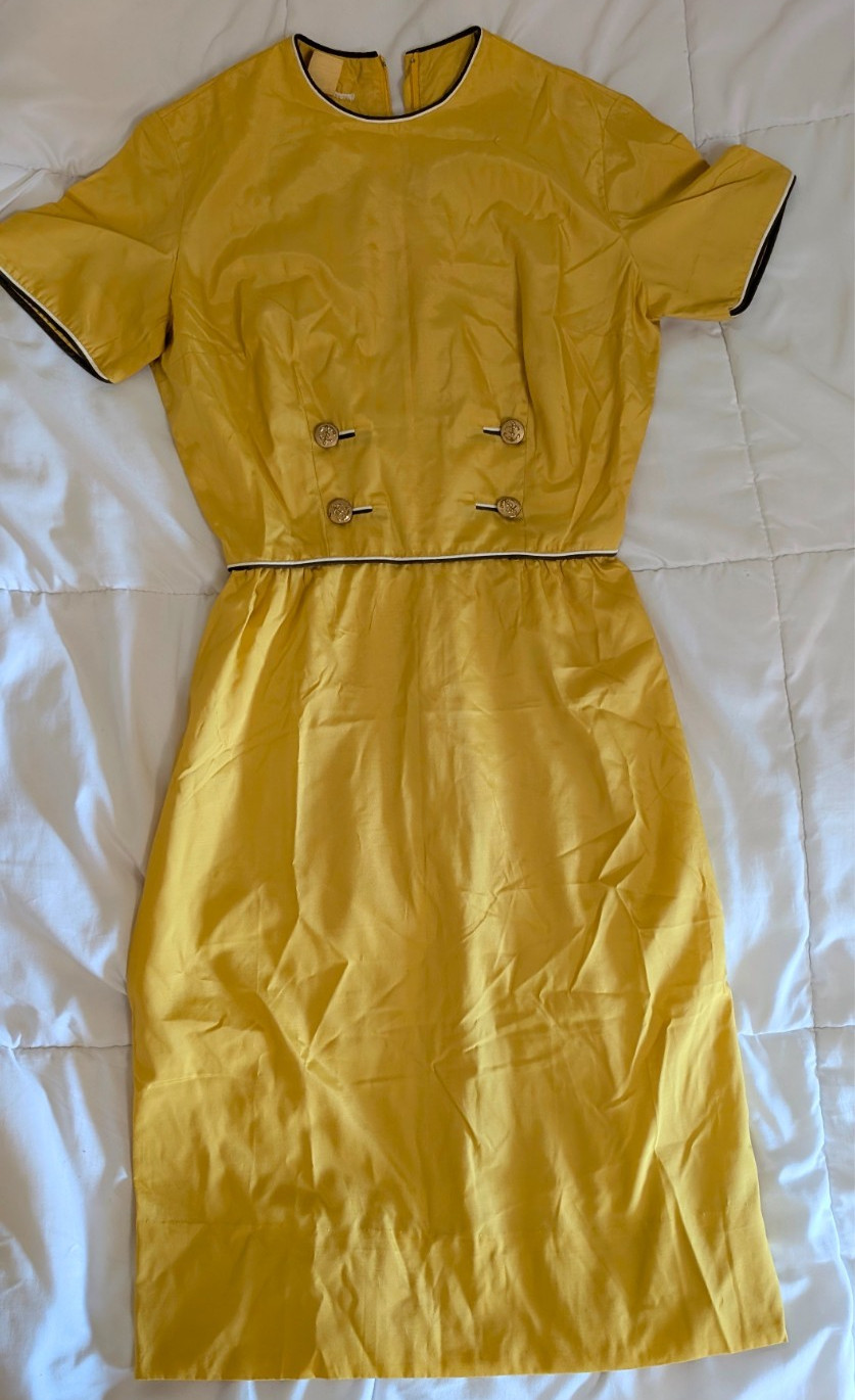 1950s 1960s Vintage yellow dress mid century ILGWU Nautical Buttons knee length