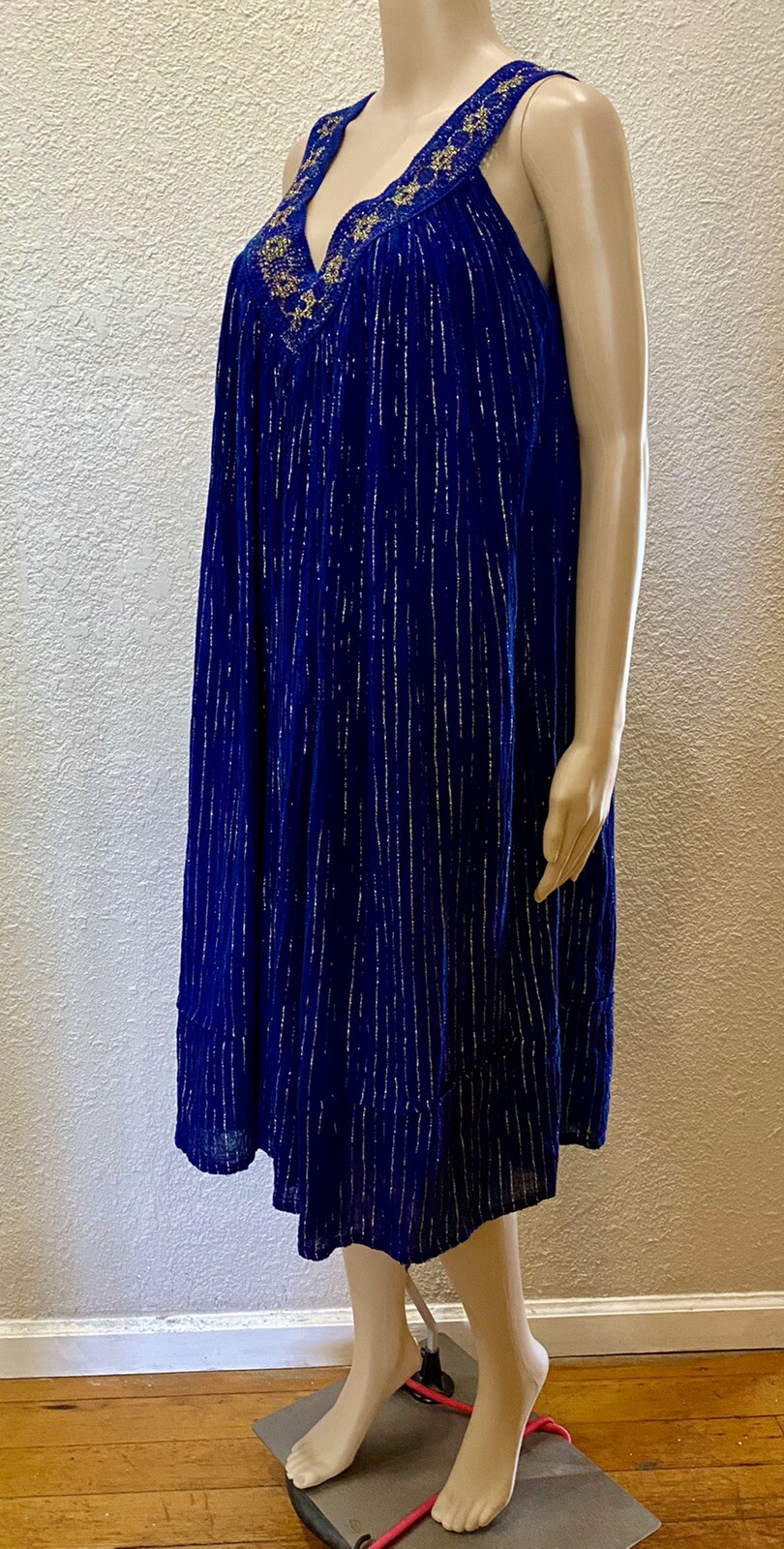 70s Boho Indigo Blue Sheer Cotton Gauze Gold Metallic Crochet Lace Sundress OS