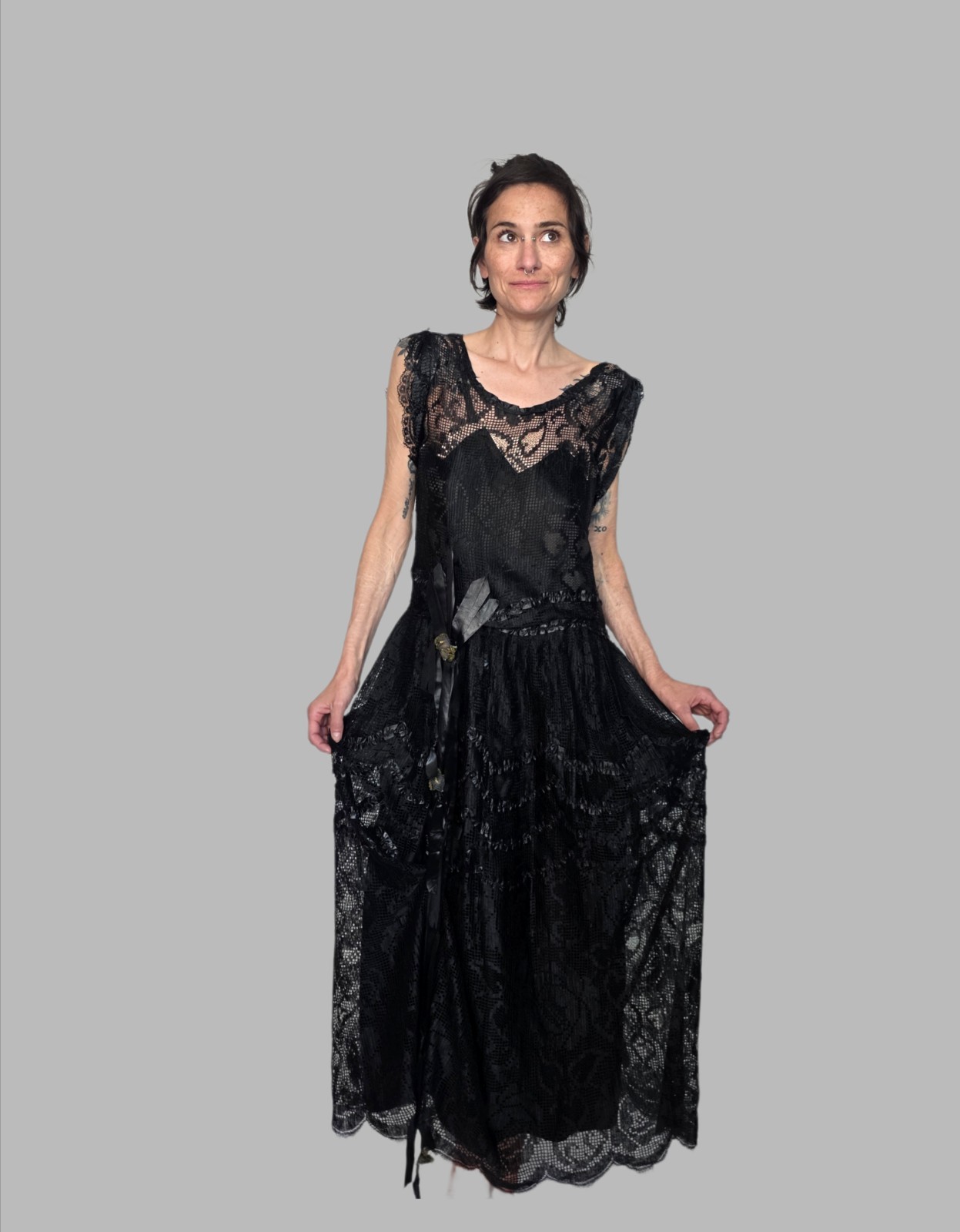 Authentic Edwardian Black Silk Lace Dress | Antique 1910s Drop Waist Gown | Hip