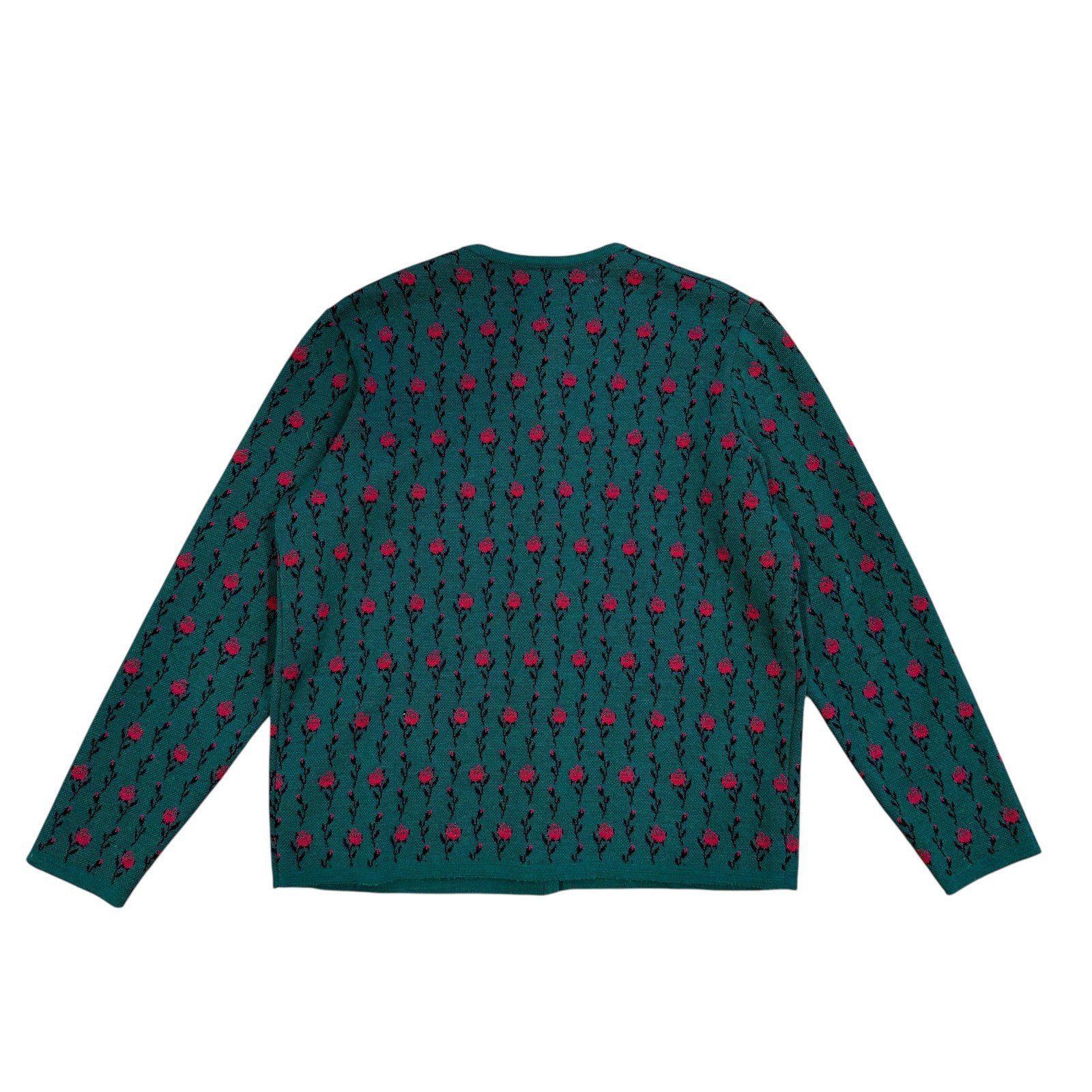 Strickmeister Austria Vintage Wool Cardigan Green Red Floral Rose Button Front