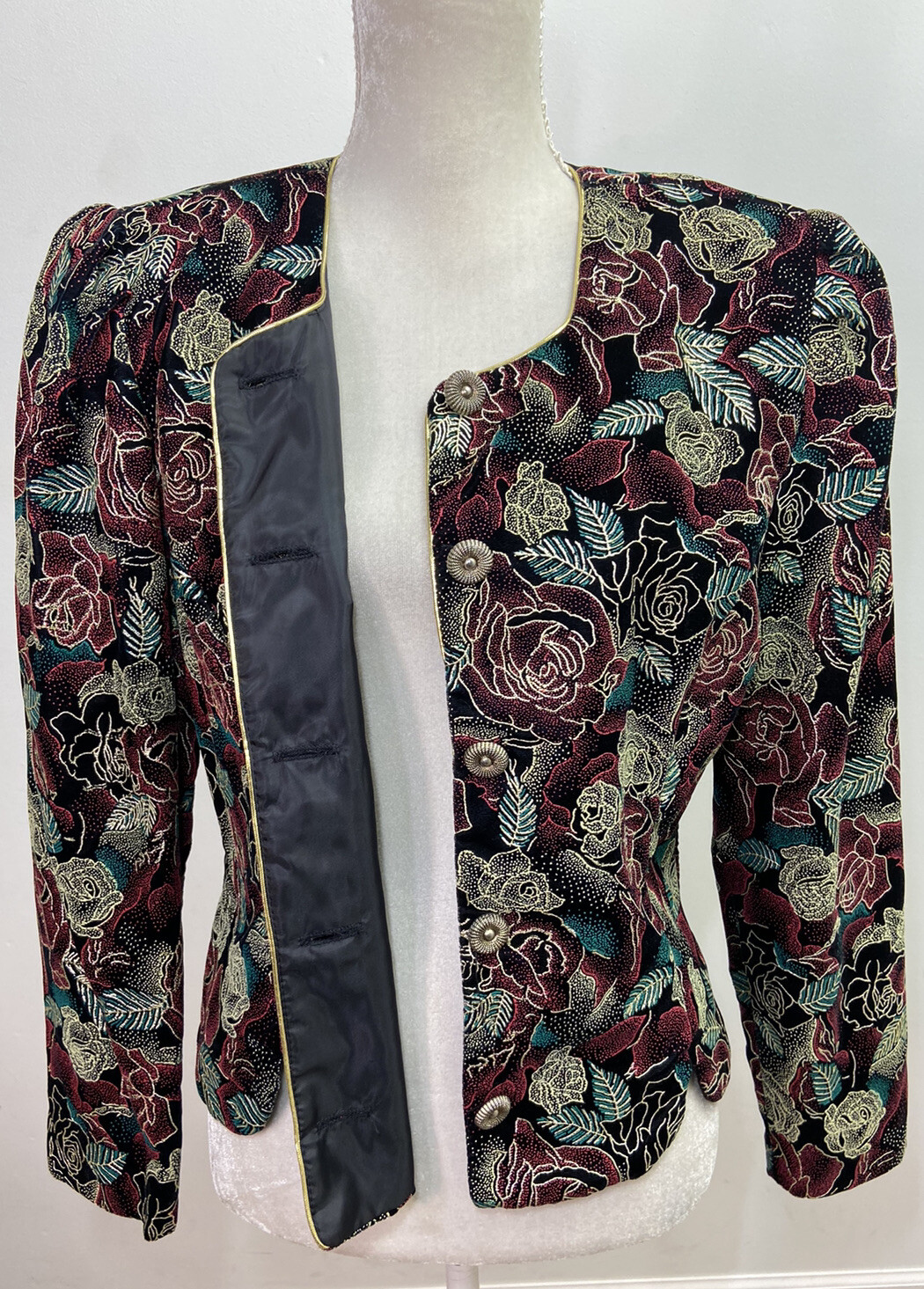 Another Thyme Vintage Multi Color Floral Puffed Sleeve Blazer Size 14 Textured