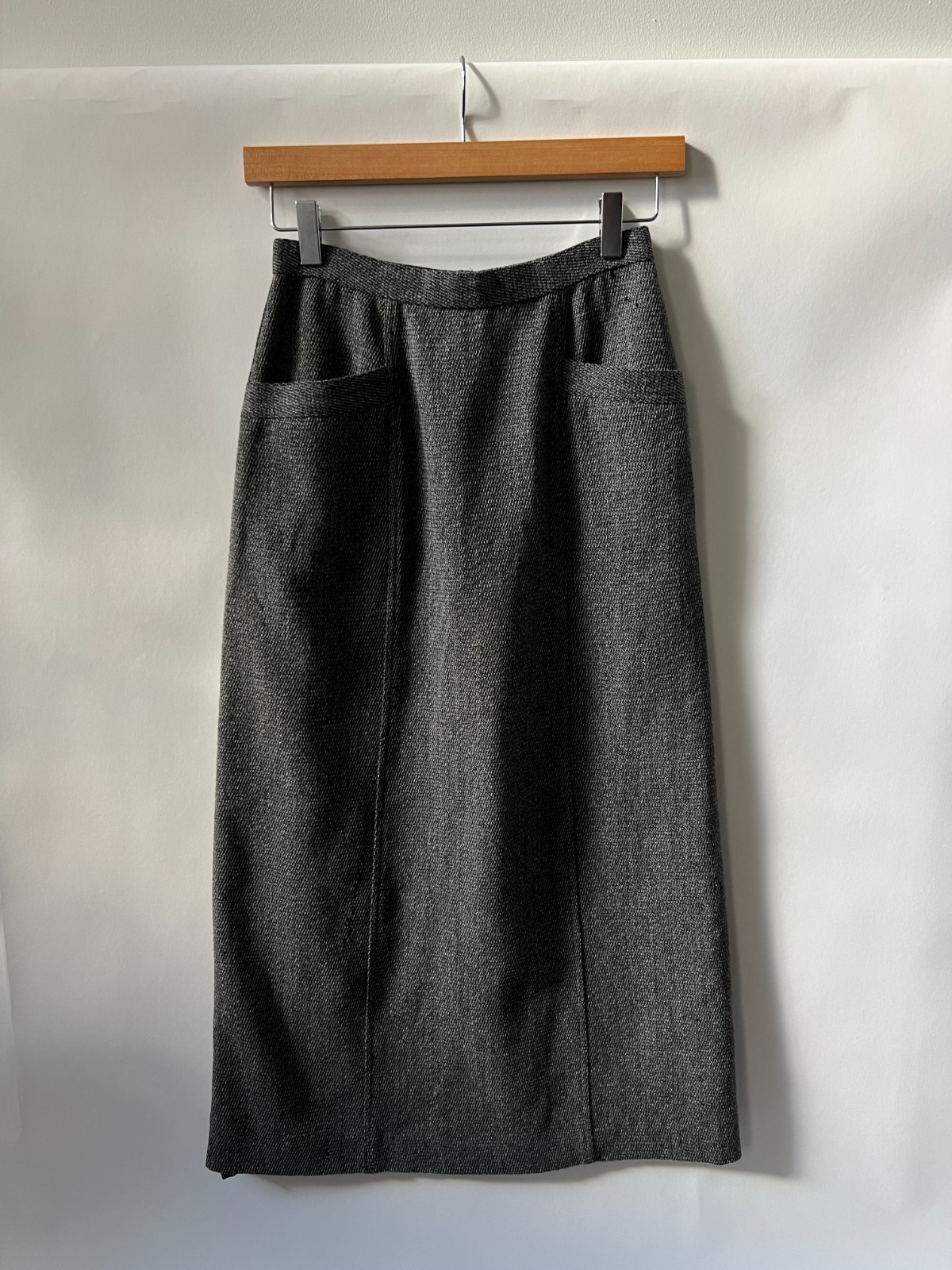 VTG 90s Christine Albers Charcoal Wool Midi Skirt, Patch PocketsSz XS/S (~25.5&Prime;)