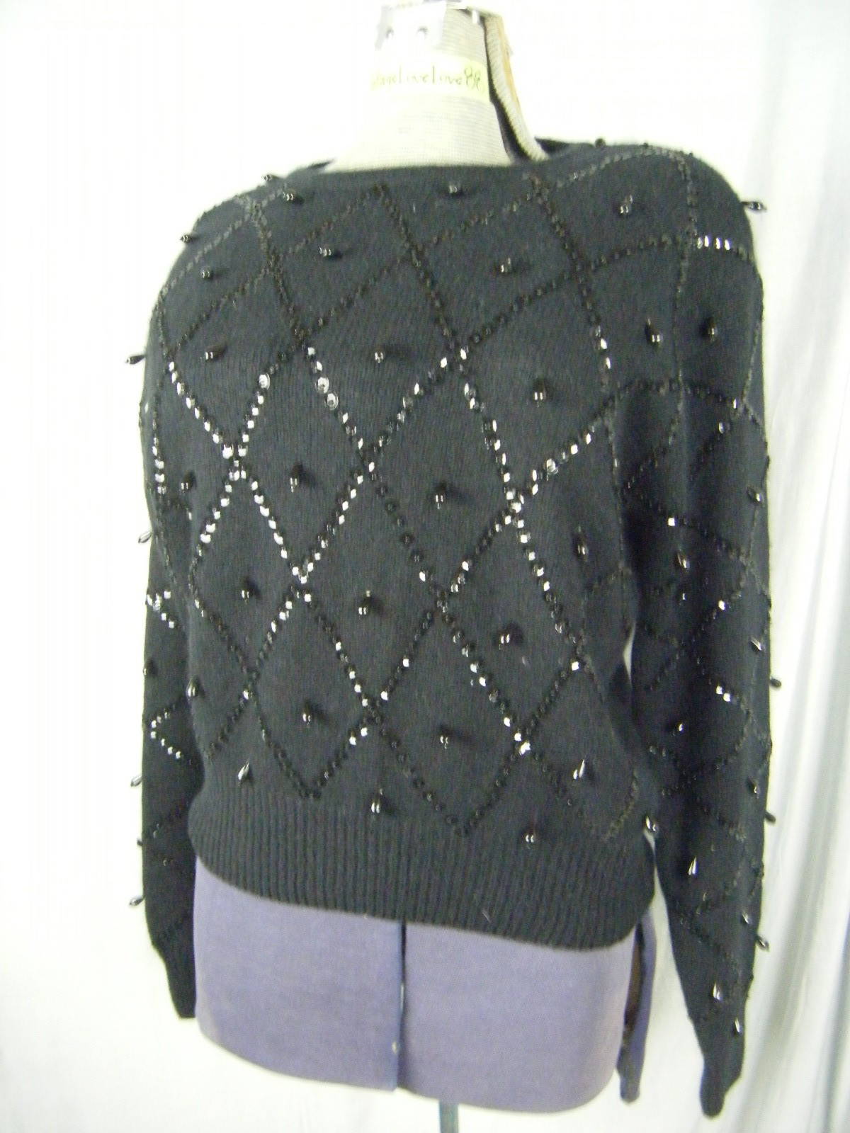 KAREN SCOTT PETITE Vtg Black Beaded Wool Blended Pullover Sweater-Bust 43/PM-PL