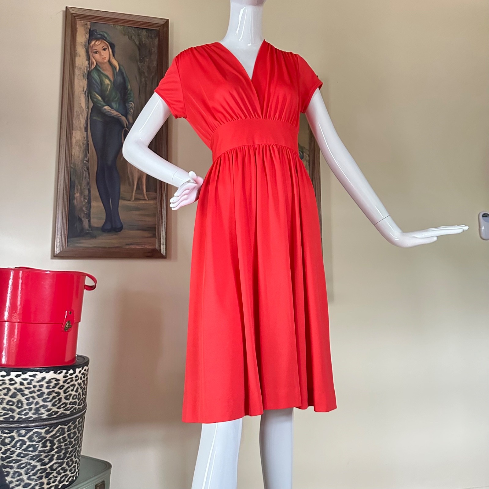 Vintage 1970s Cherry Tomato Disco Goddess Jersey Dress Studio 54 Full Skirt by M
