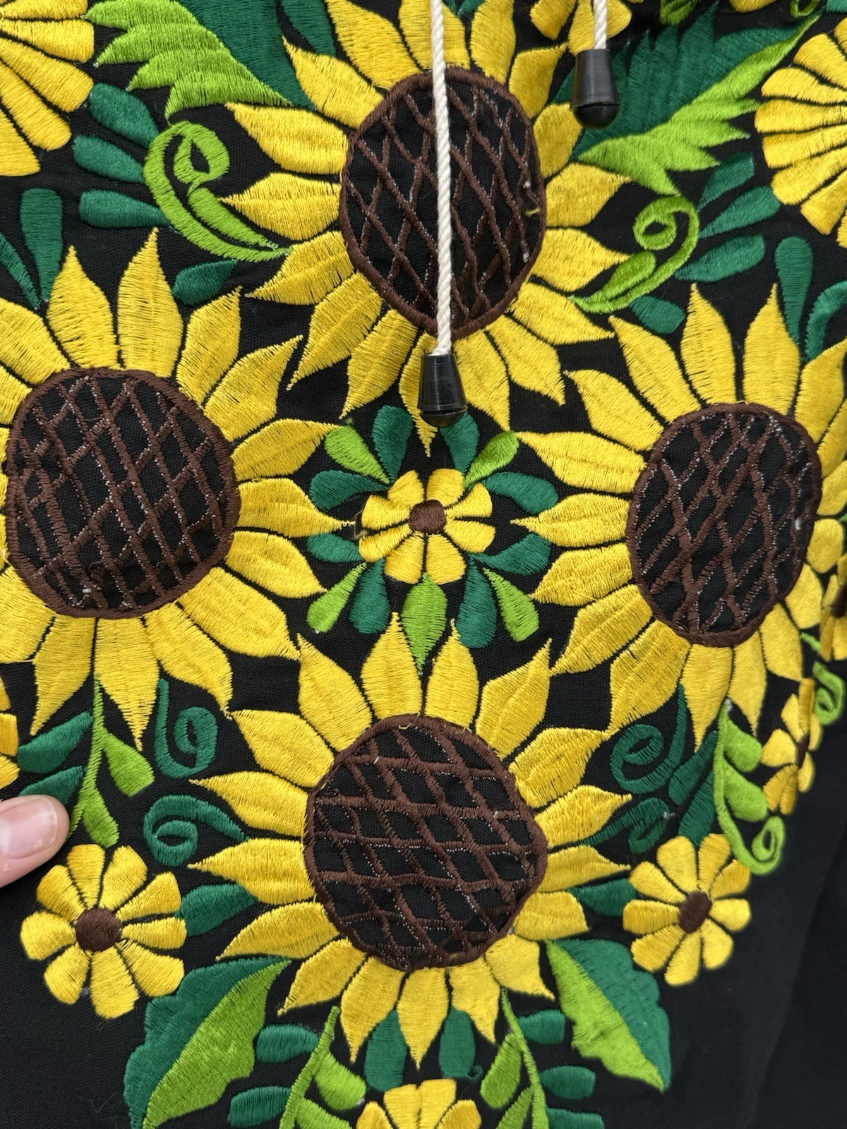 Mexican floral hand embroidery blk sunflower huipil blouse tunic cinco de mayo