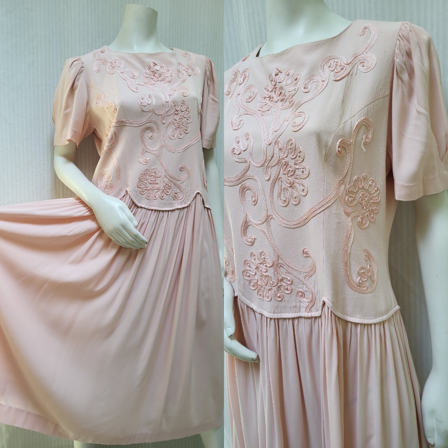 Vintage 80/90s KARIN STEVENS Pink Soutache & Pearls Midi Milkmaid Dress – Size L