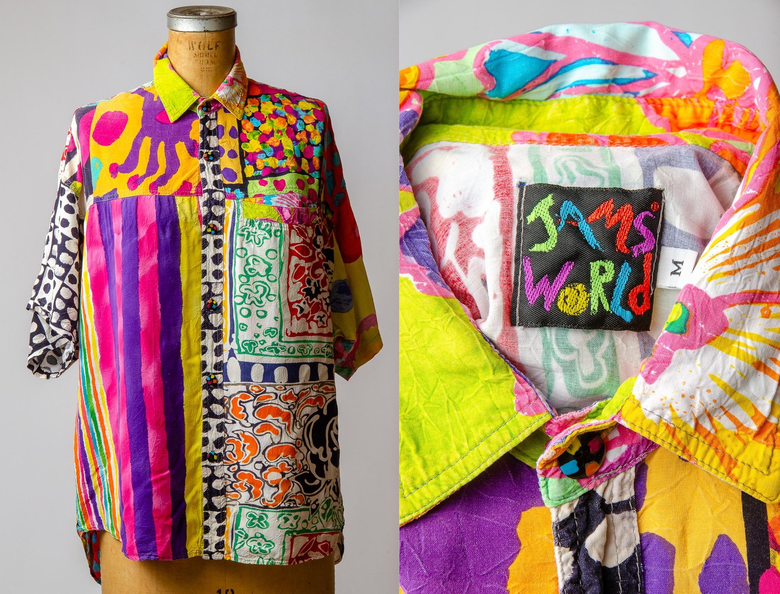 1980s Jams World Crazy Patchwork Paint Brush Strokes Rayon Button Down Shirt