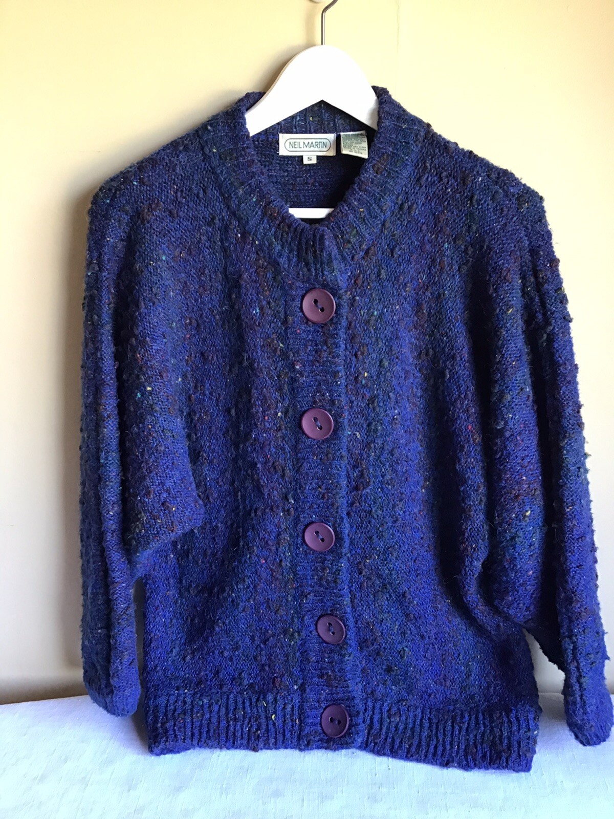 Vintage Neil Martin Womens Navy Blue Multicolor Button Up Cardigan Sweater Small