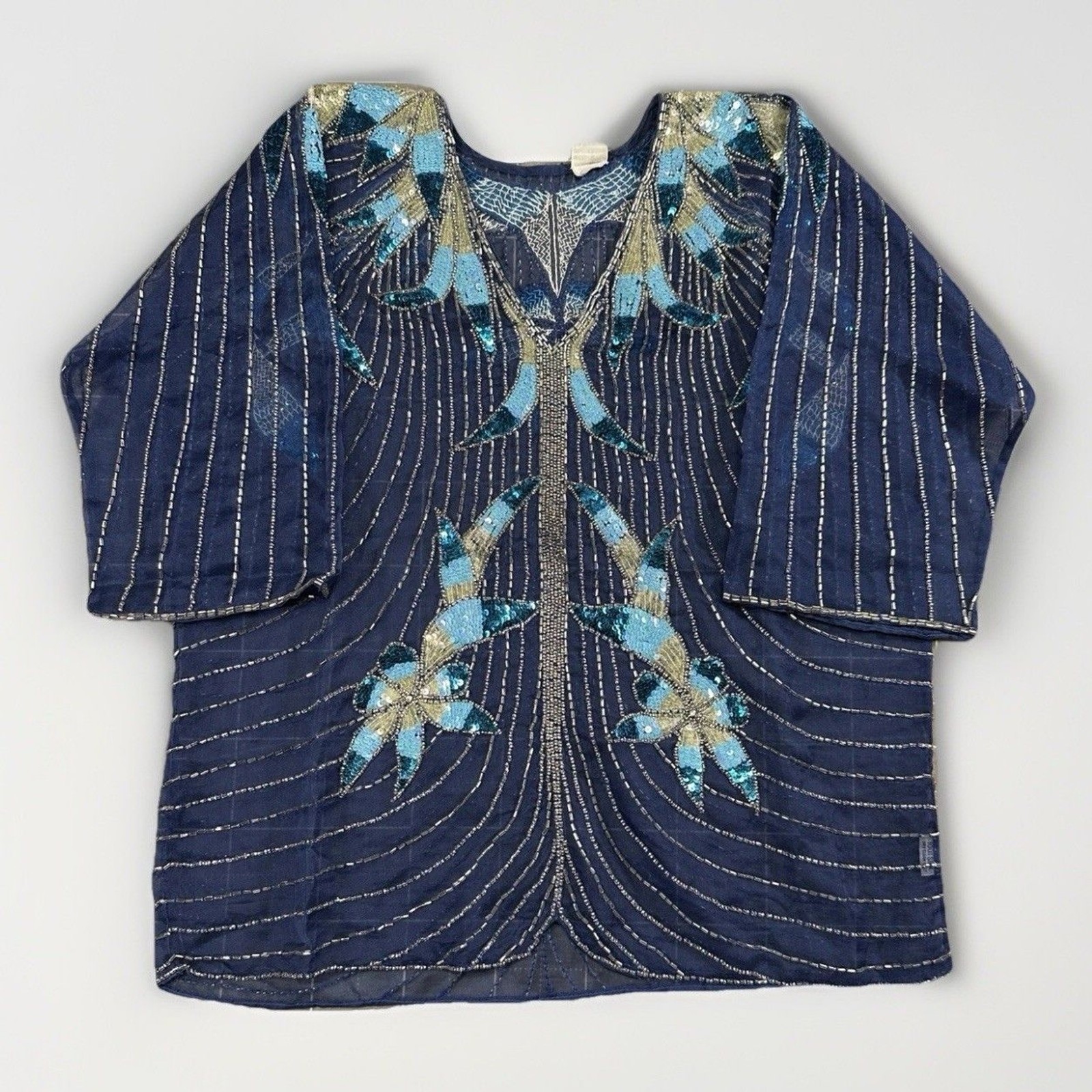 VTG 80s Boho Luxury Beaded Sequin Silk Blouse Blue Butterfly Art Deco Glam Top