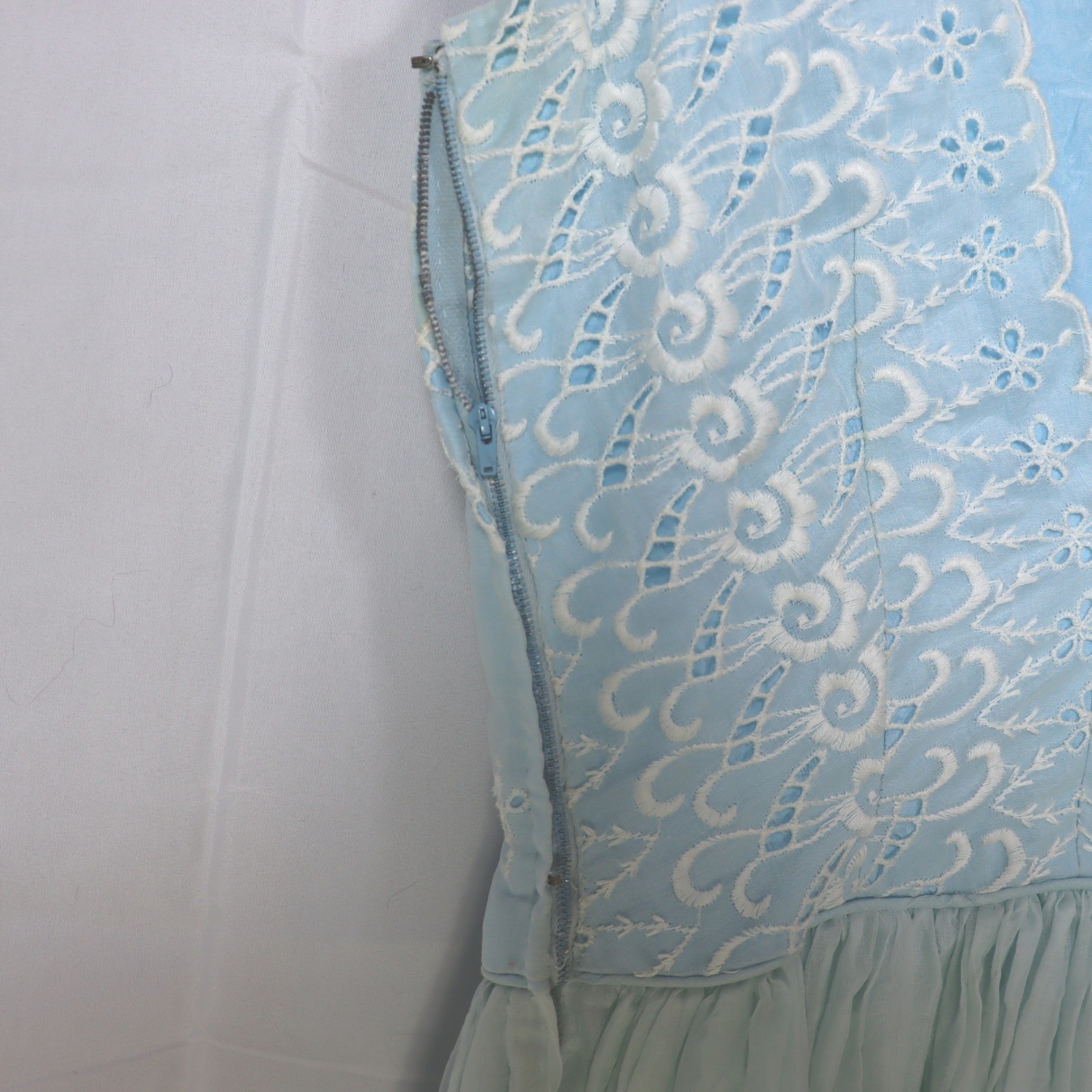 Vintage Eyelet Lace Midi Dress Womens XS Blue Embroidered Scalloped Tea Dress