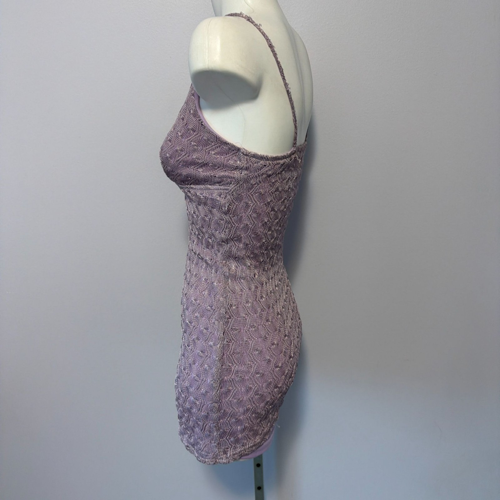 Vintage 90s Y2K Lavender Metallic Pointelle Knit Bodycon Mini Dress Fairycore M