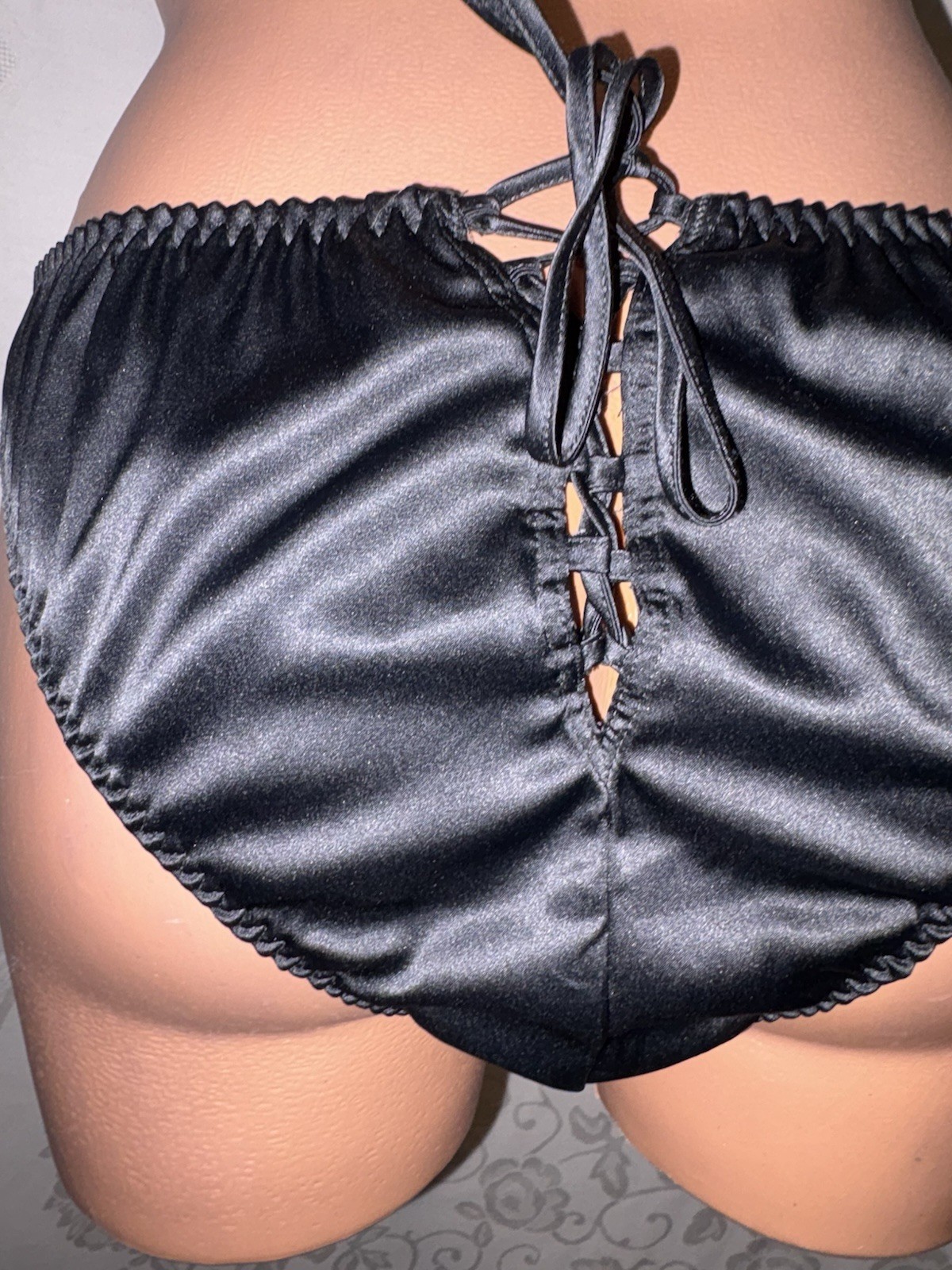 Sz L Vintage Black Satin String Bikini Tie Up Panty