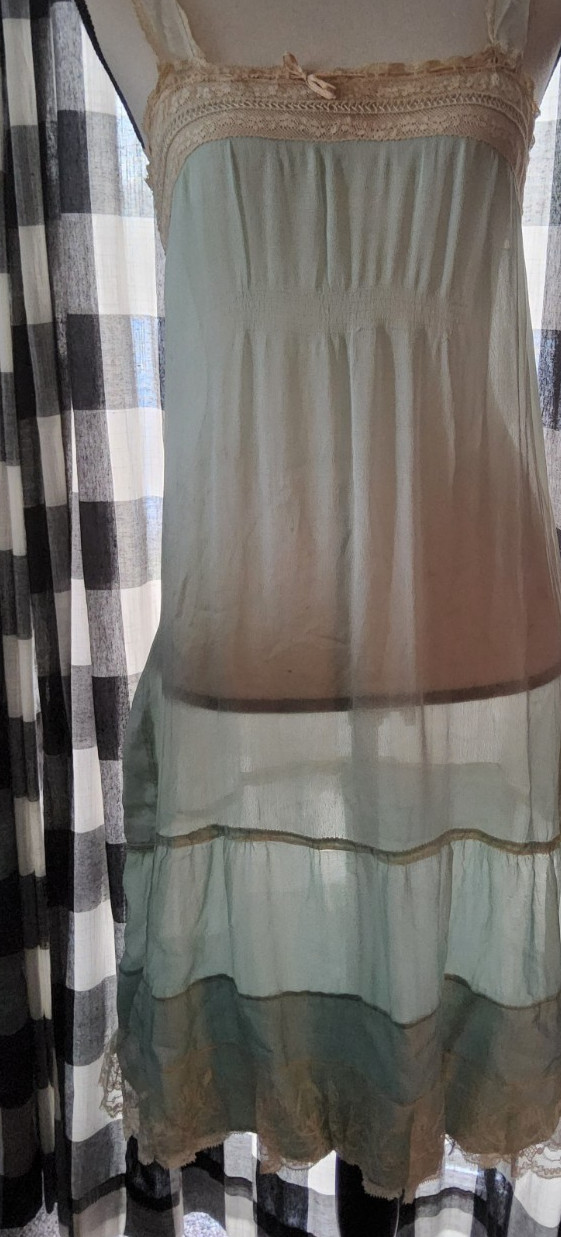 VTG 1920s FLAPPER PALE AQUA SILK & LACE CHEMISE Art Deco Era Slip, 1930s Repairs
