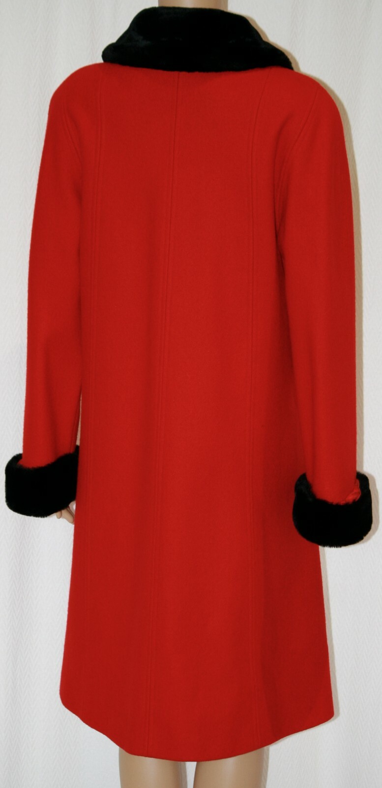 Candy Apple Red Charles Klein Midi Wool Coat w/ Black Faux Fur Collar Wms Med Lg
