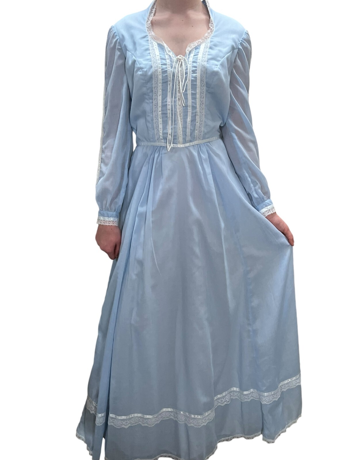 M Vtg 70s Blue Voile Maxi Dress Corset Tie Bodice CottageCore Prairie Bohemian