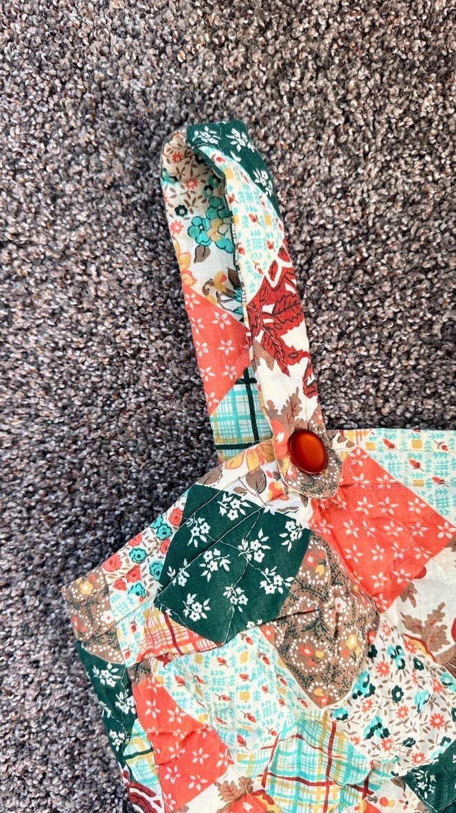 Vintage Handmade Patchwork Prairie Dress Pockets Snap Straps Cottagecore