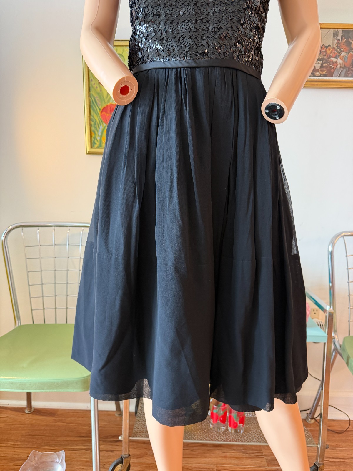 ✨ Vtg 50s 60s Black Sequin Bodice Chiffon Circle Skirt Party Dress Metal Zip M