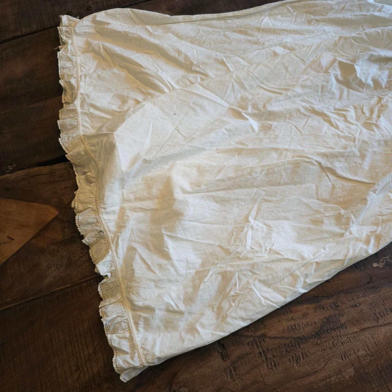 Antique Chemise Cream Lace Trim Slip Midi Dress w/ Ruffled Sleeves Edwardian