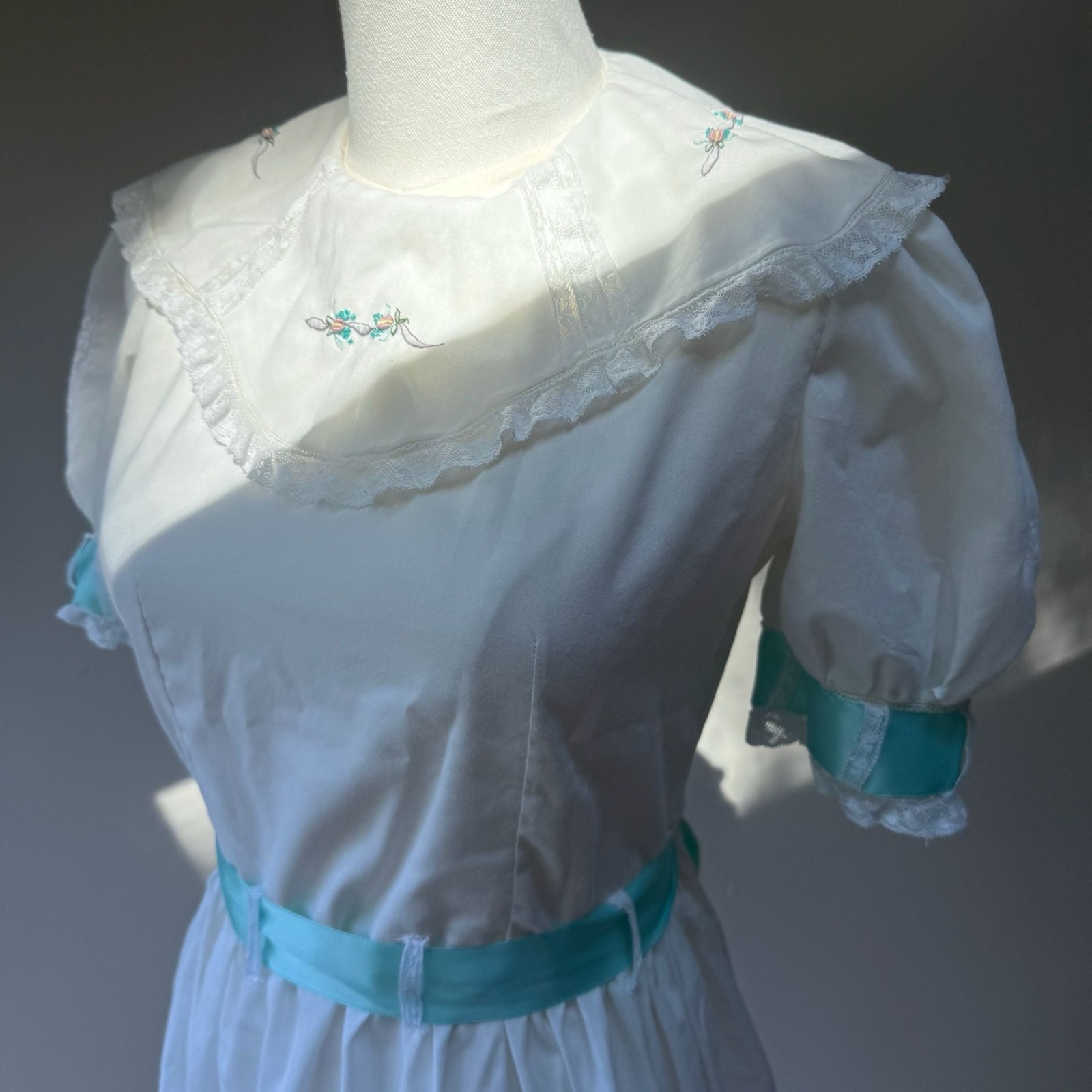 Vintage White Cotton Tea Dress with Aqua Ribbon Sash & Floral Embroidery