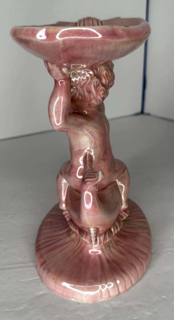 Holland Mold Ceramic Pink Iridescent Cherub on Dolphin Trinket Soap Dish – 1979