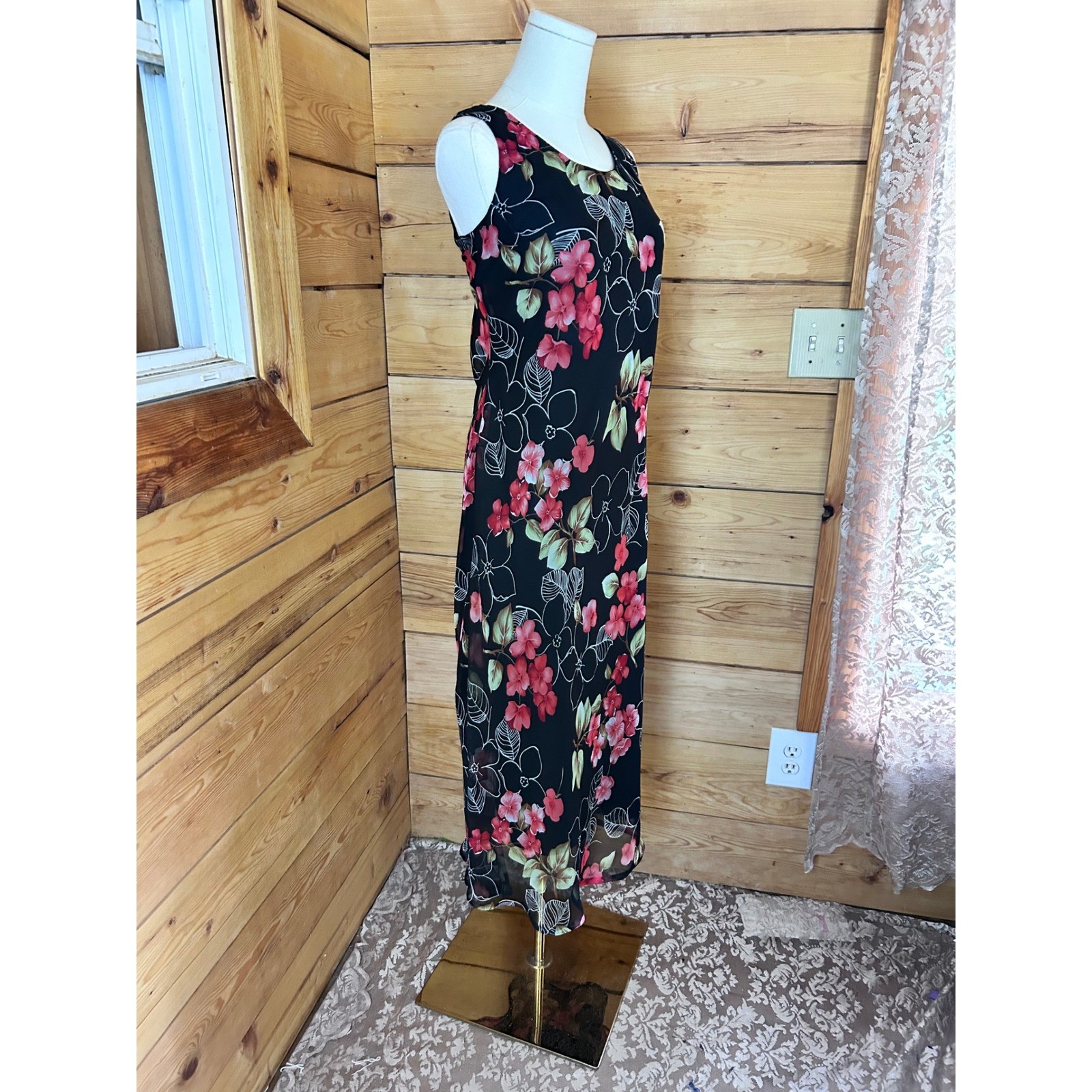 Vintage Slip Dress Womens 8 Petite Black Floral Mesh Whimsigoth Maxi Miss Dorby