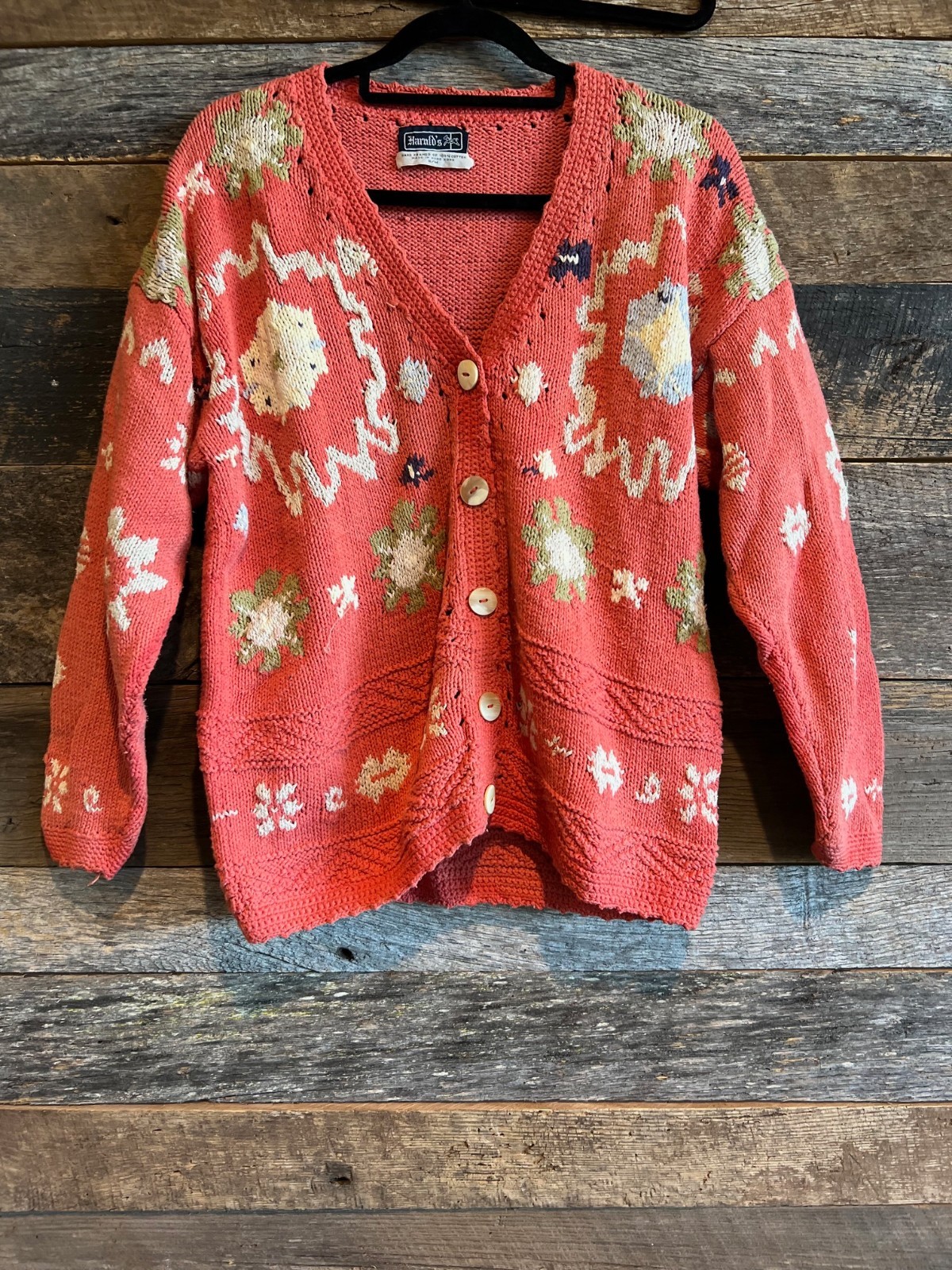 Vintage Harold’s Hand-Framed 100% Cotton Cardigan Sweater S/M Coral Floral Knit