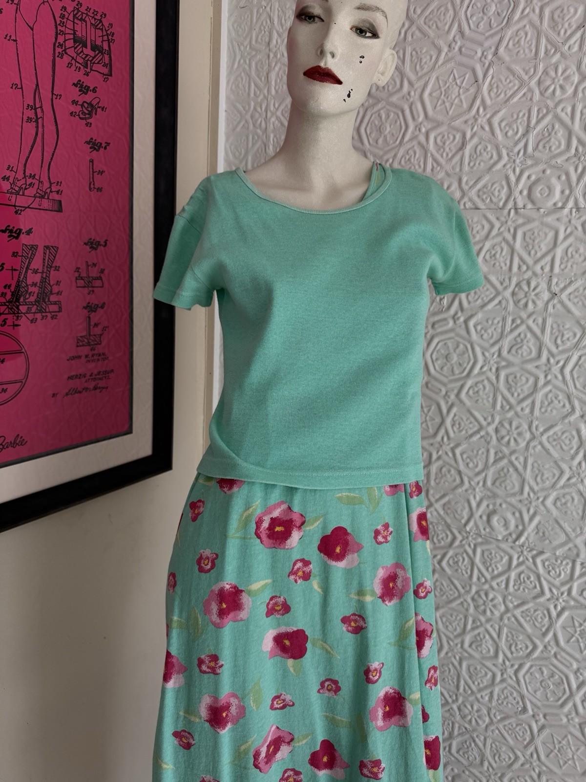 Vintage 1990s Dress Set-Knit-Floral-Spring-Cottage Green Pink-T Shirt-Tank-M