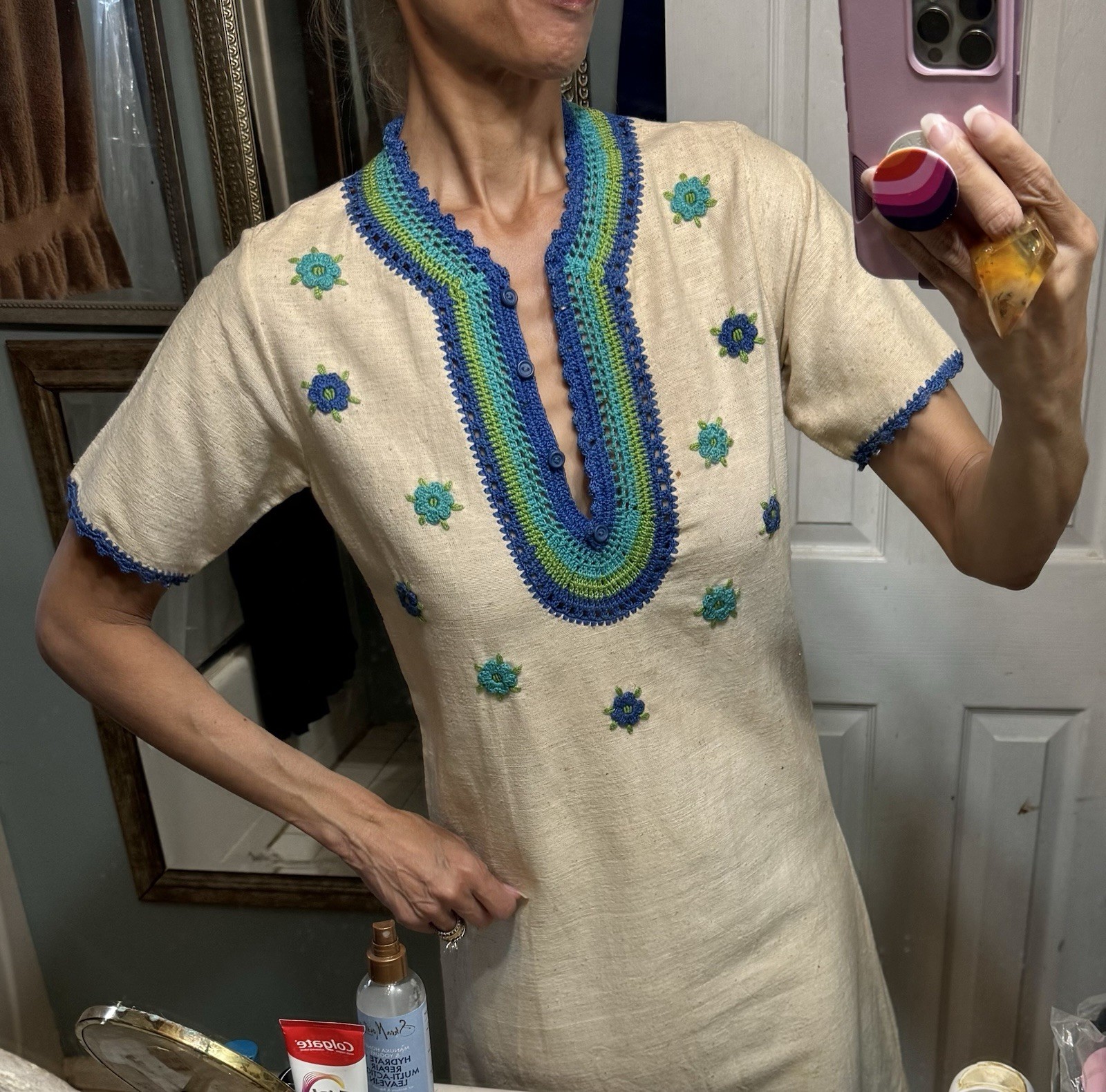 Vtg Caitela Colombia Cotton Crochet Aline Shift Dress 60s 70s Off White Floral S