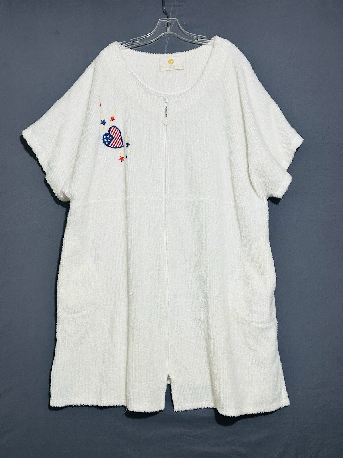Chenille Zip Up House Coat/Robe/ Beach Cover Up One Size White Patriotic America